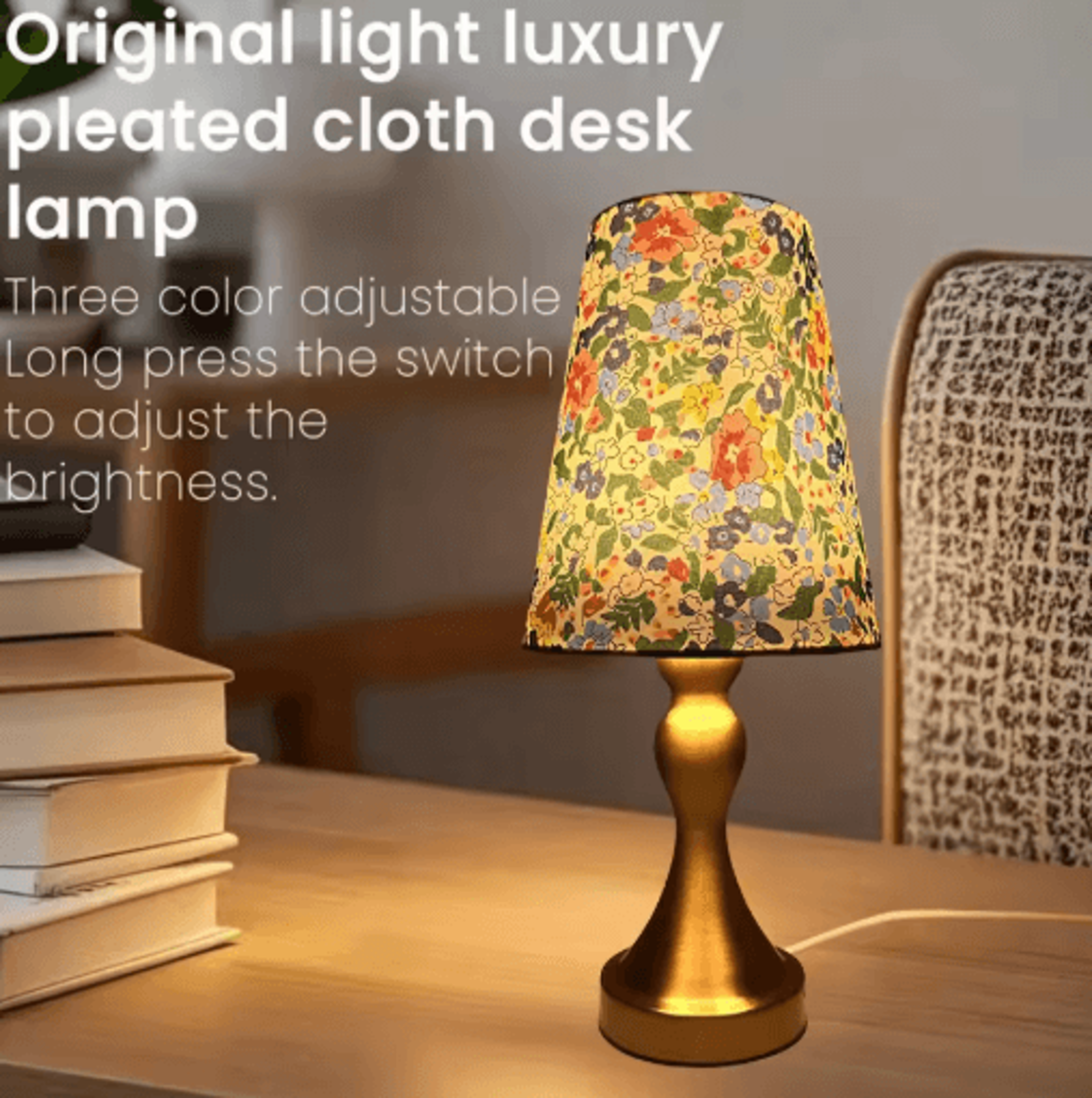 Table Lamp With Golden Base And Floral Fabric Shade USB Powered 3 Tone Dimmable Ambient Light 6