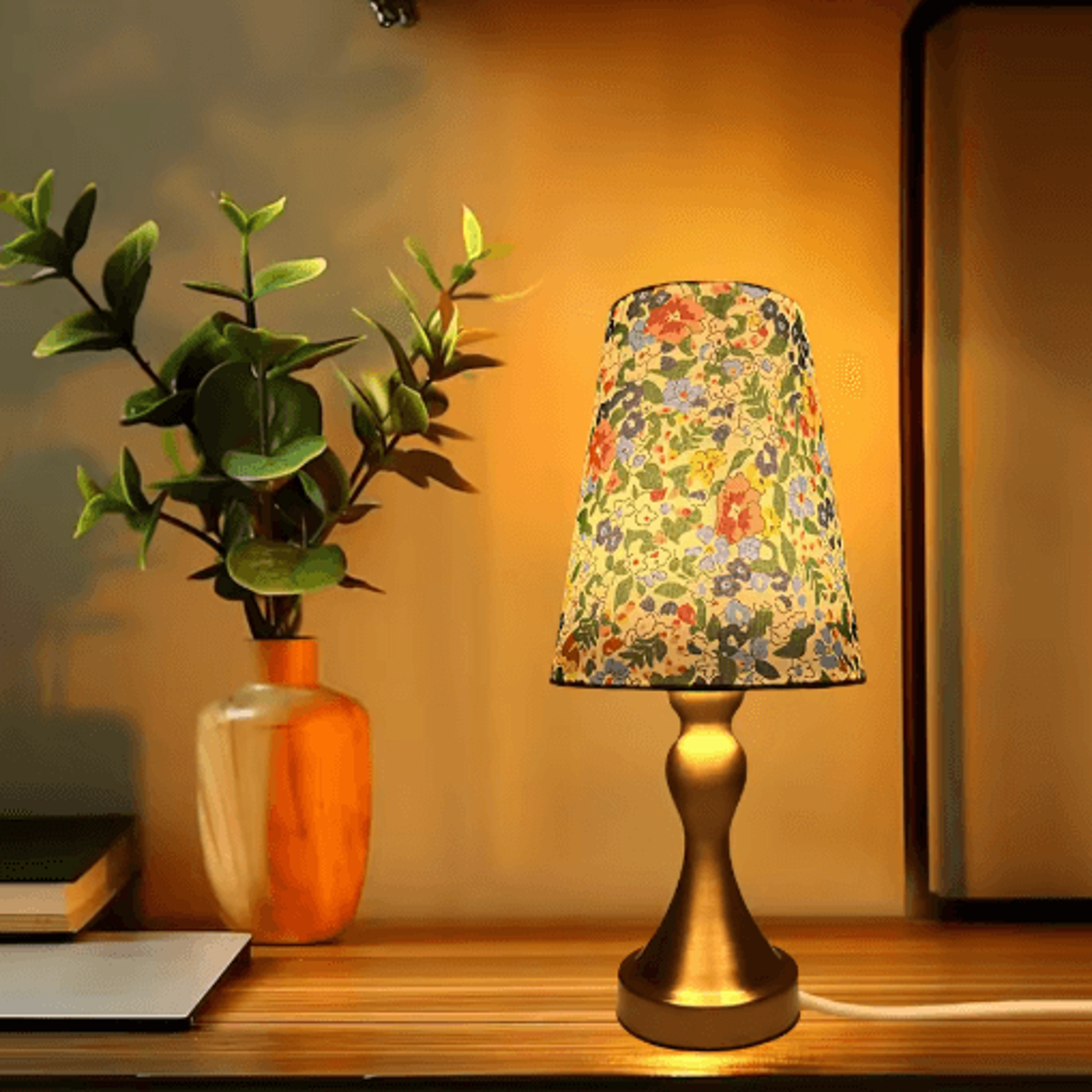 Table Lamp With Golden Base And Floral Fabric Shade USB Powered 3 Tone Dimmable Ambient Light 0