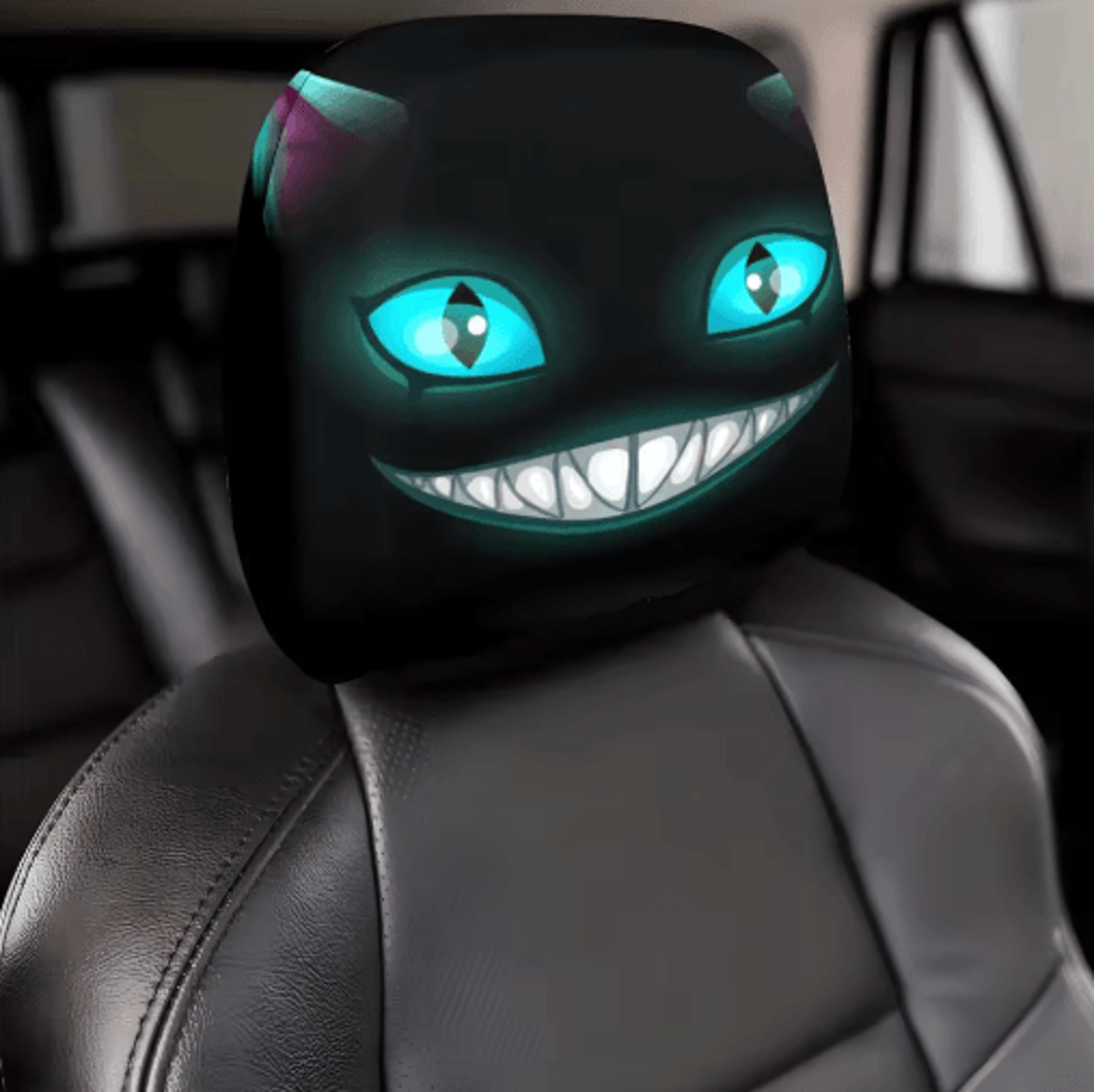 Smiling Cat Car Seat Headrest Pillow Covers  2pcs Black With Glowing Blue Eyes 2