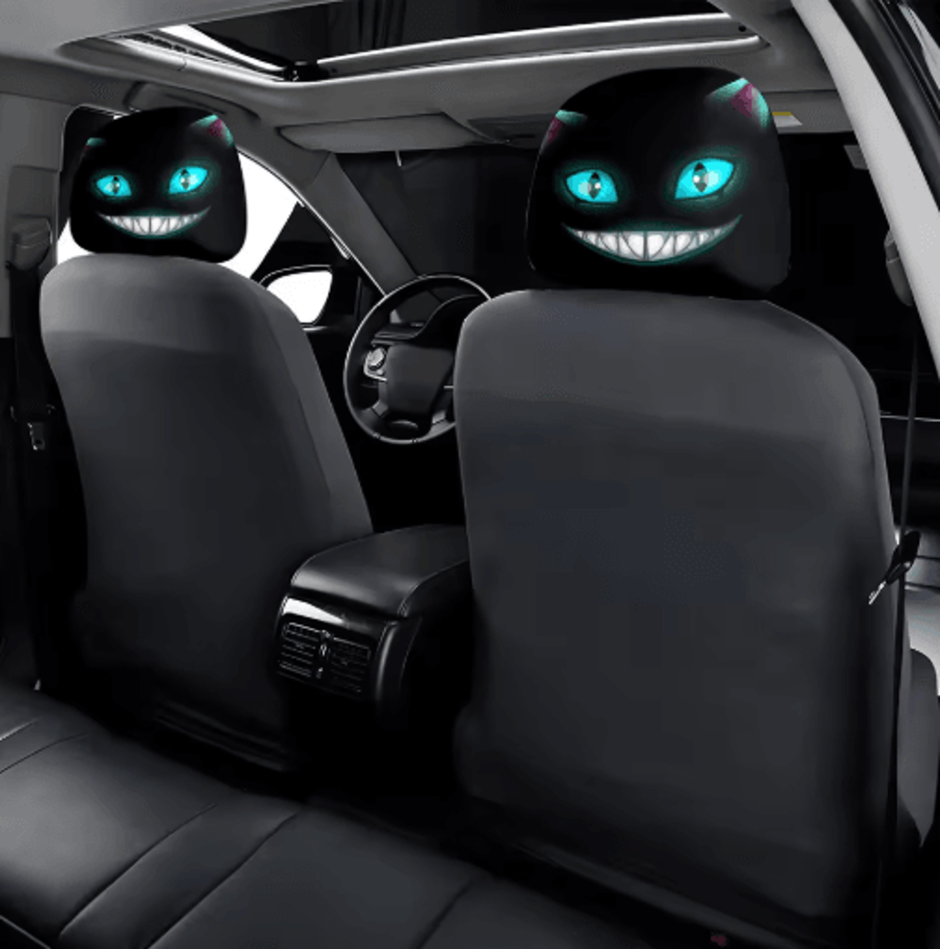 Smiling Cat Car Seat Headrest Pillow Covers  2pcs Black With Glowing Blue Eyes 5