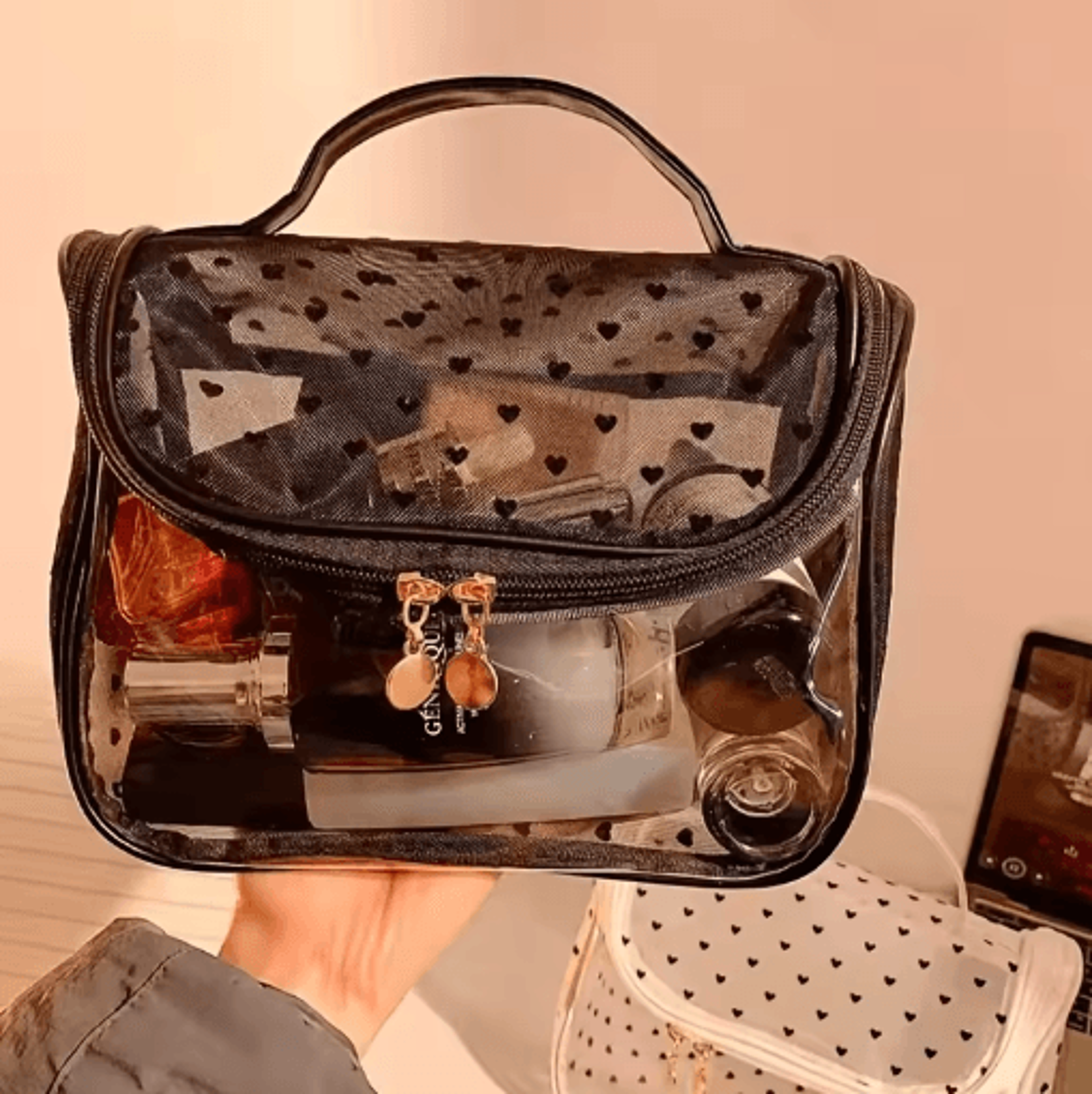 LargeCapacity Heart Mesh Makeup Bag  Frosted Transparent Cosmetic Travel Pouch 6