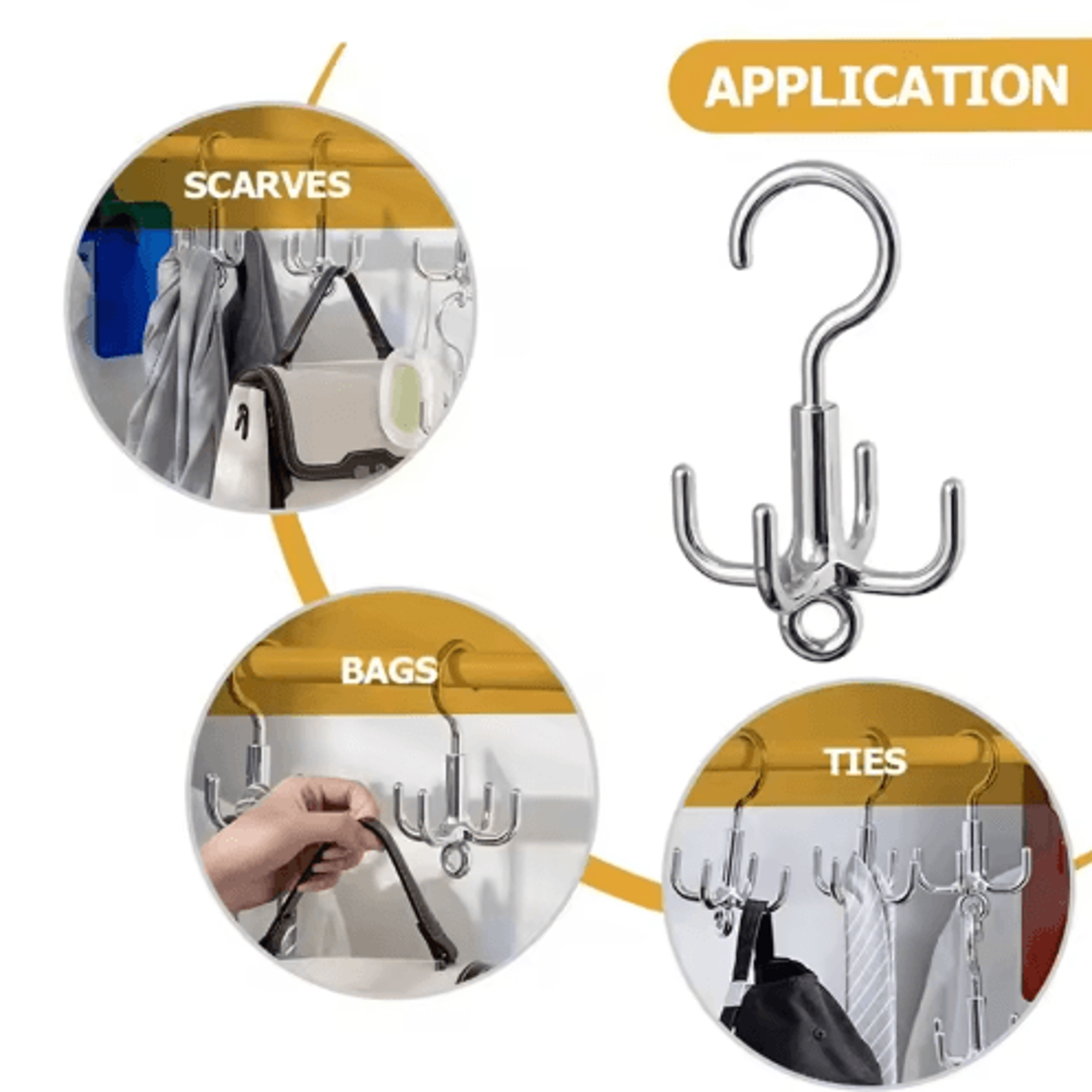Rotating Clothes Hooks With 4 Claws 3Pack  PunchFree Wardrobe Hanger For Belts Scarves  Coats 6