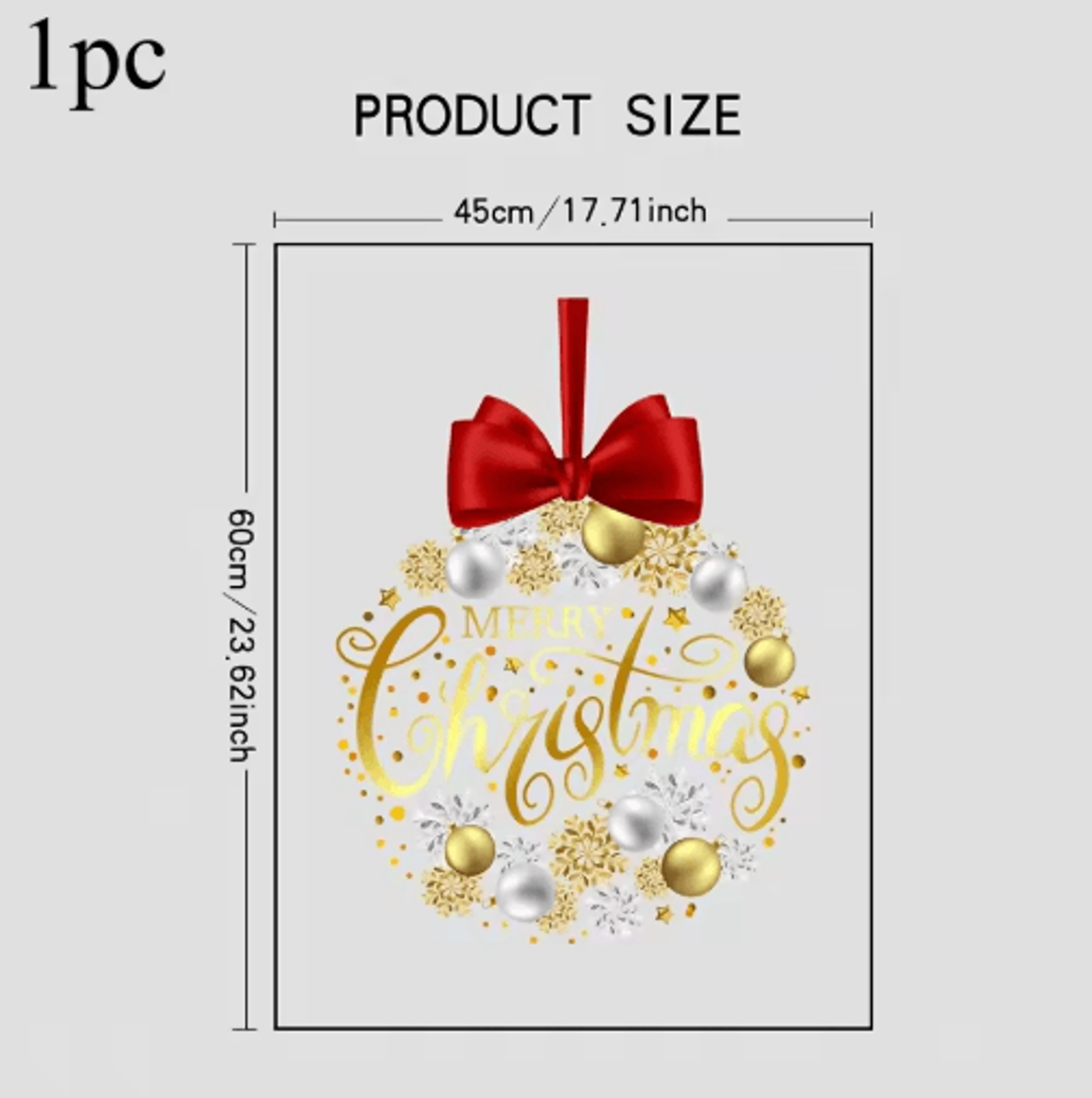 Christmas Wreath Window Sticker  Golden Snowflake  Red Bow Static Cling Glass Decal 1