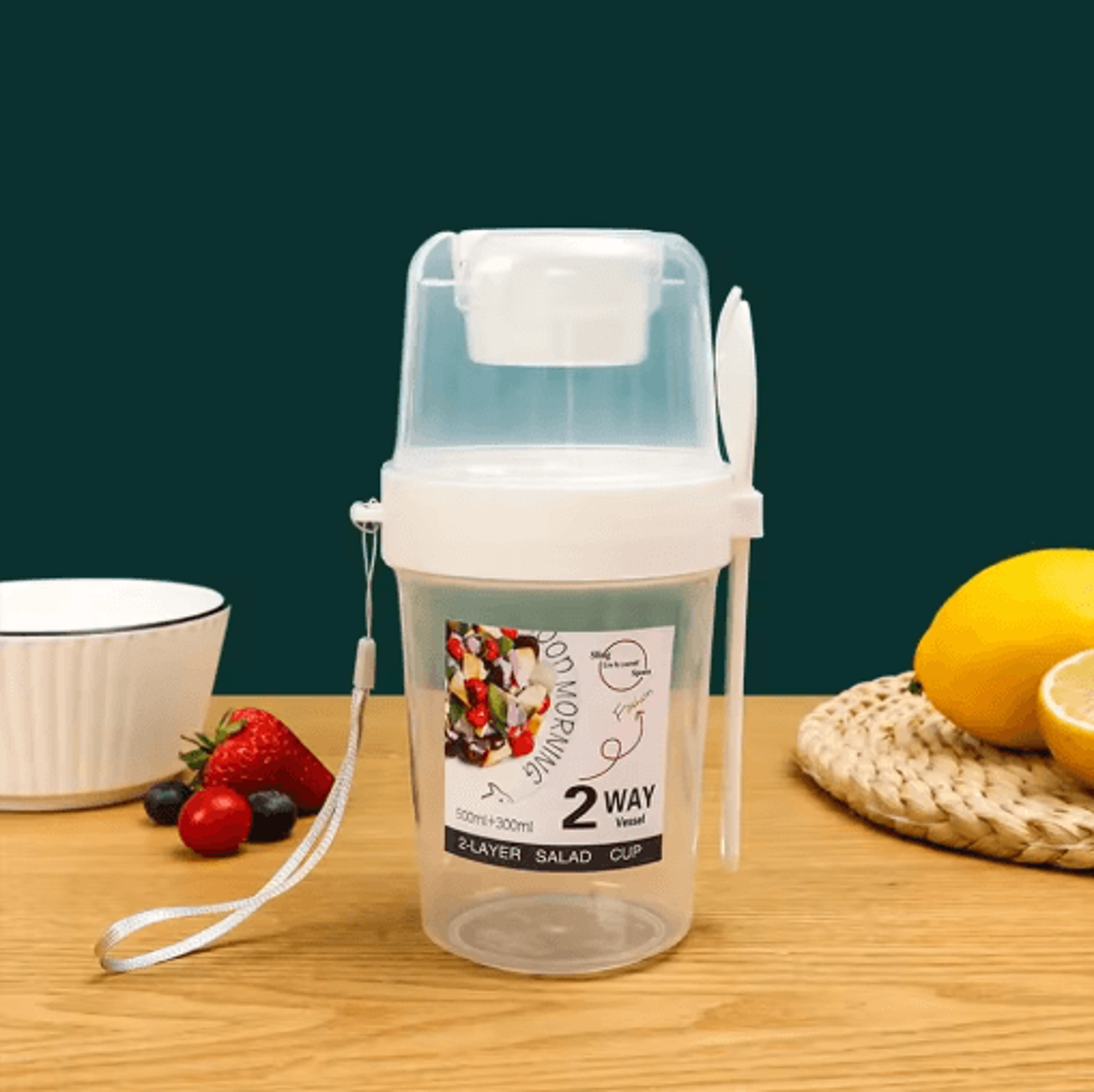 Portable TwoLayer Breakfast  Salad Cup With Fork Oatmeal Yogurt  Bento Lunch Container 2