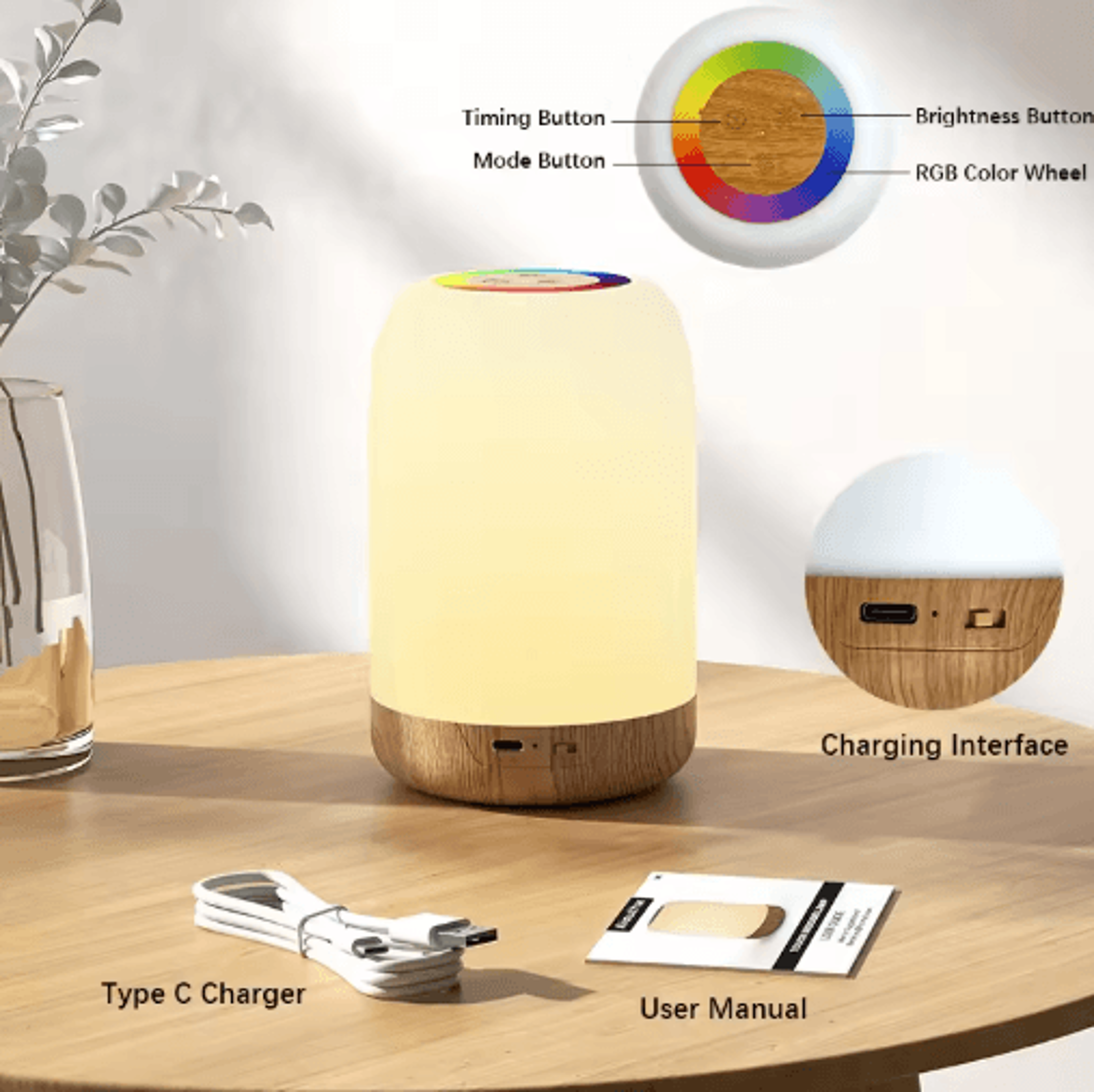 LED Touch Lamp With Dimmable RGB Colors  Wood Grain Base 3