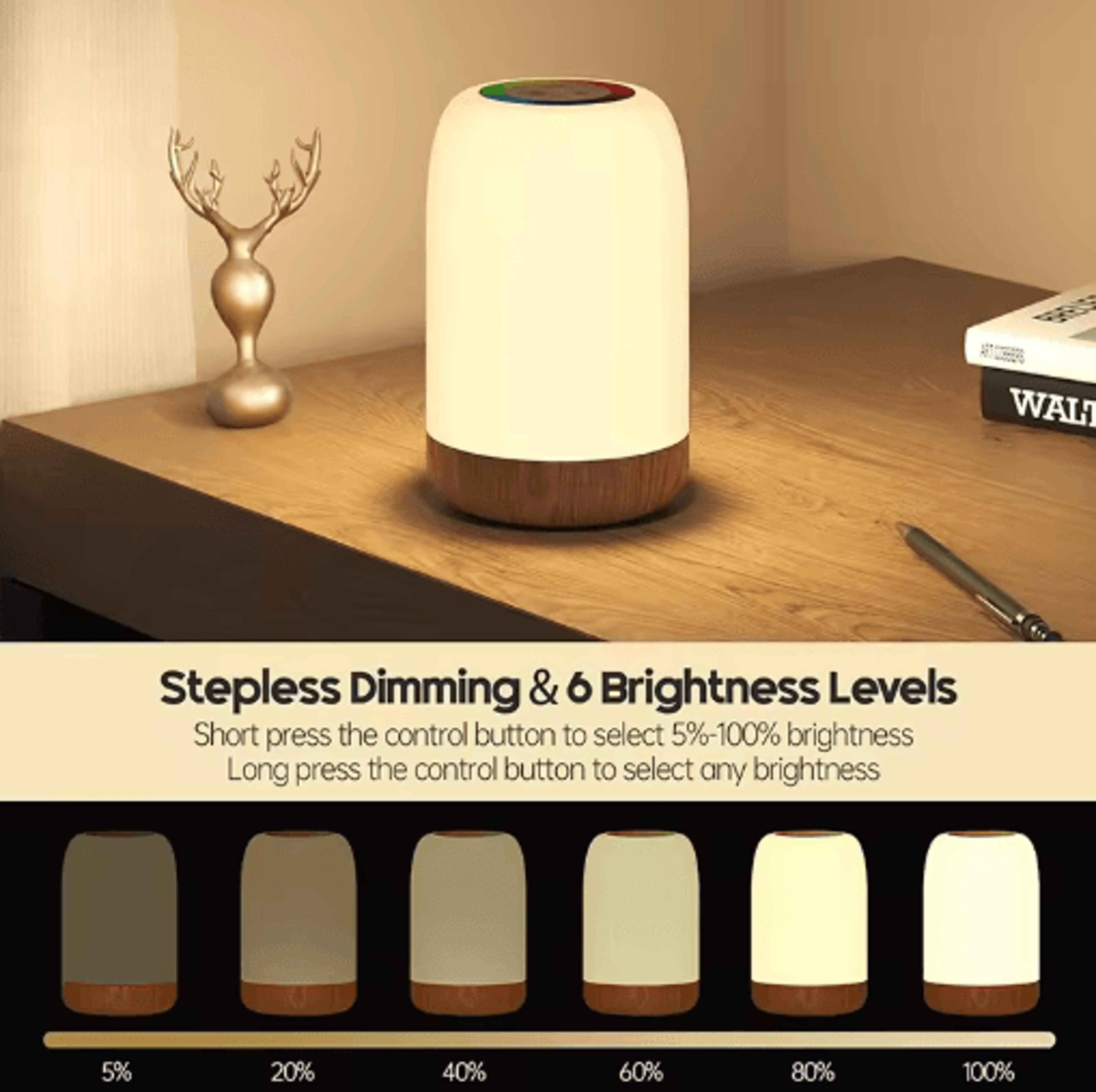 LED Touch Lamp With Dimmable RGB Colors  Wood Grain Base 6