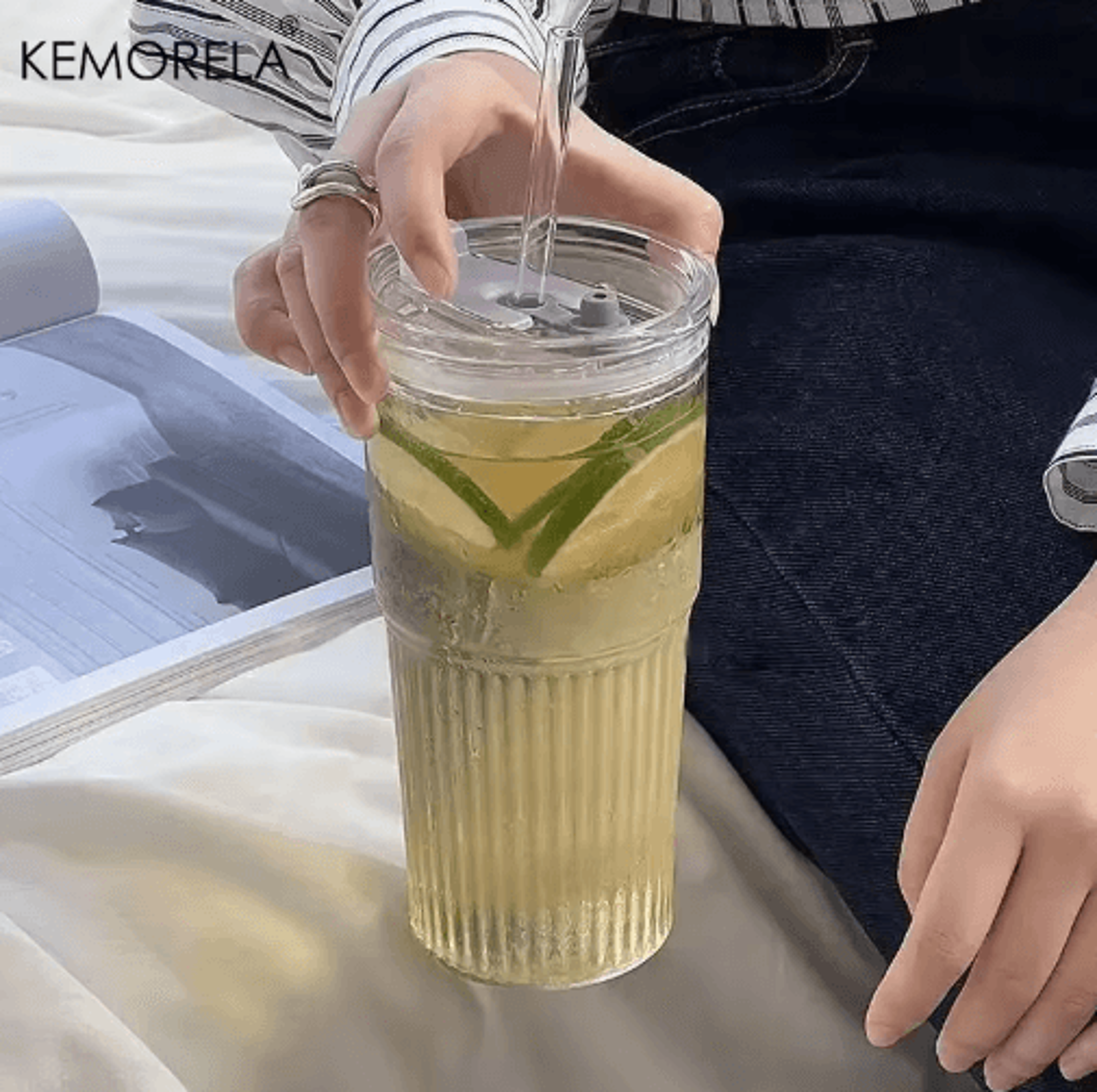 600ML Stripe Glass Cup With Lid  Straw Transparent Glass Drinking Mug For Iced Coffee Juice  Water 4