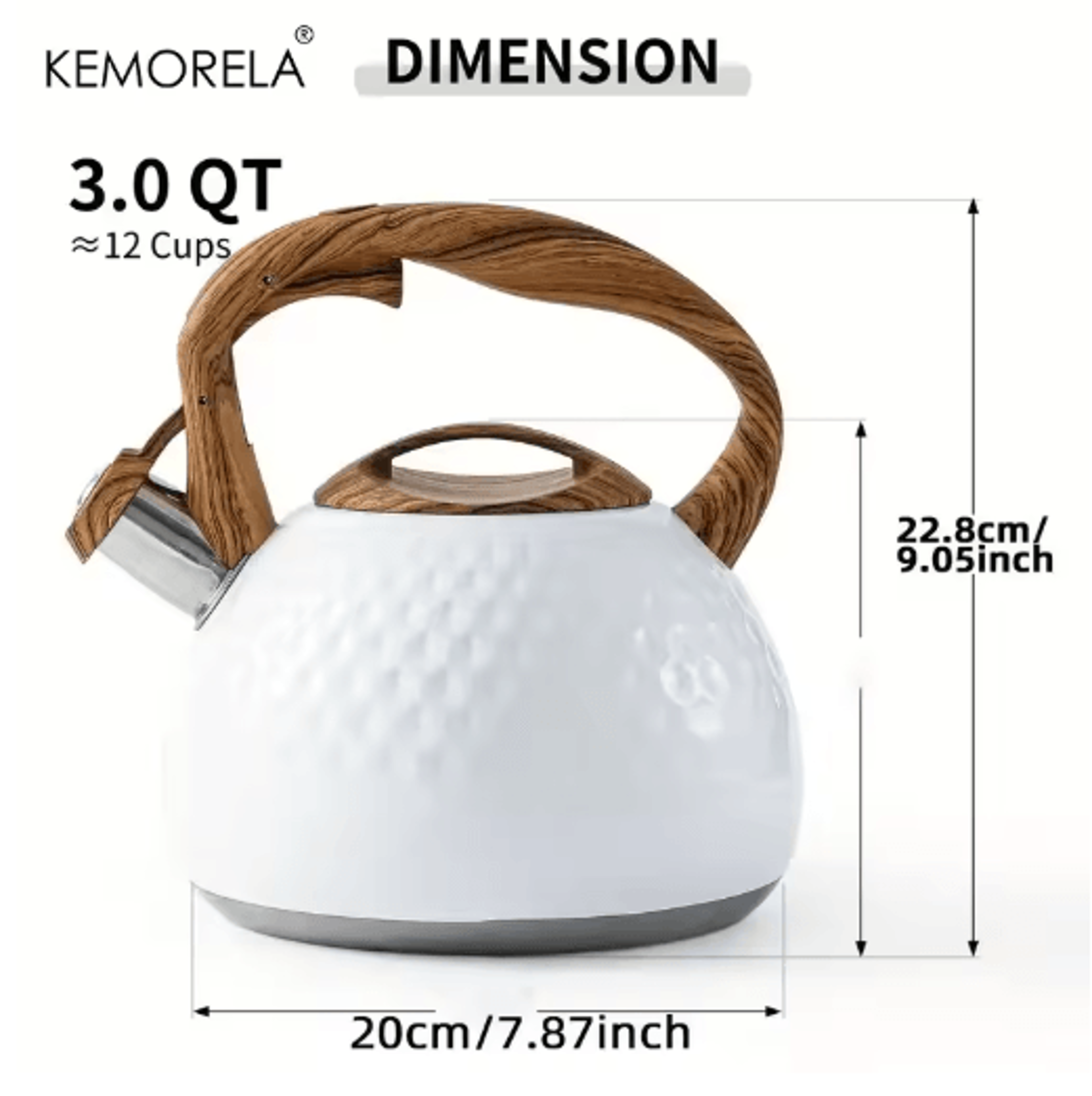 KEMORELA 3L Stainless Steel Whistling Kettle HeatResistant Hammered Teapot With Wooden Handle 5
