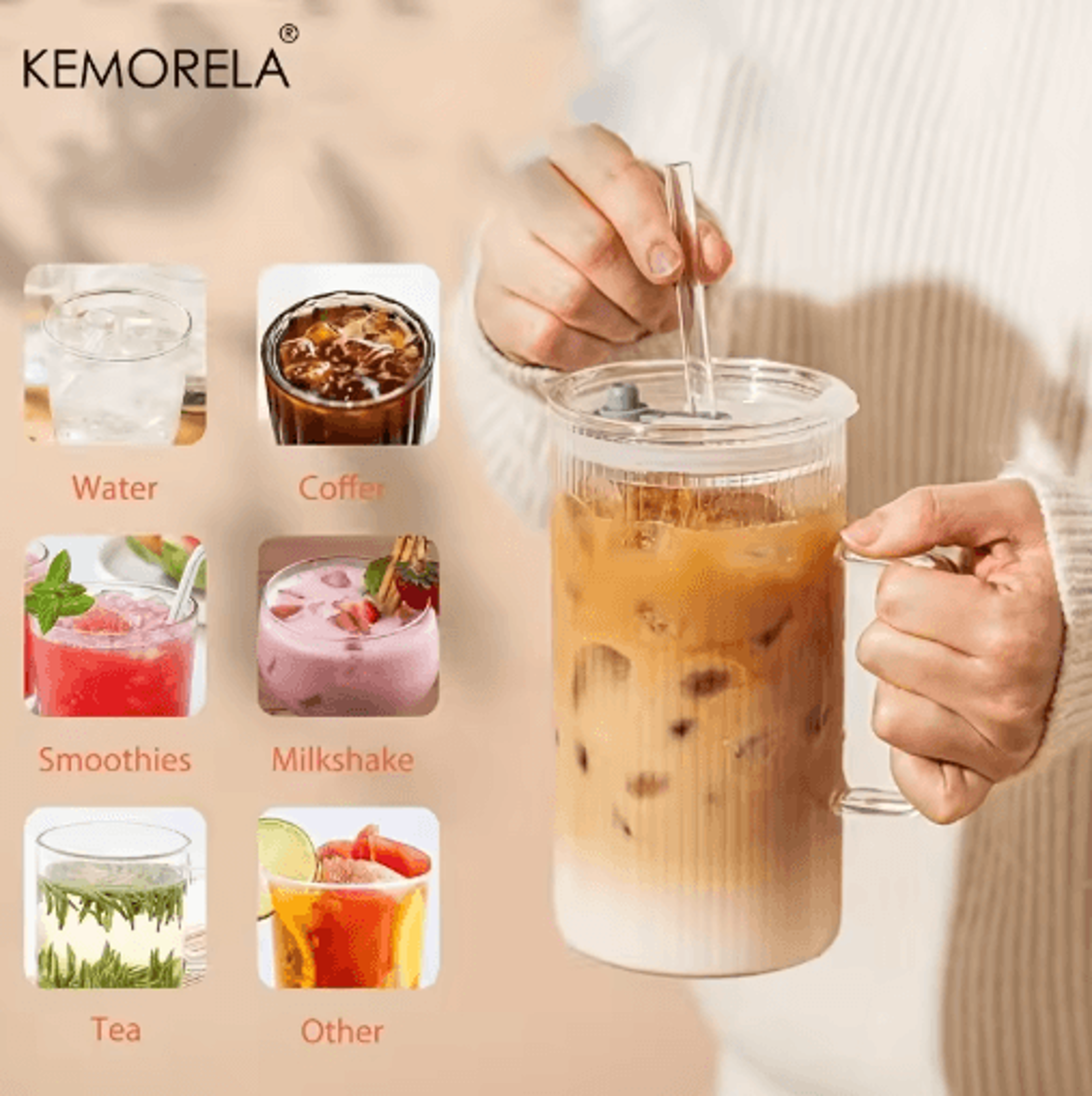KEMORELA 740ML Ribbed Glass Tumbler With Handle Lid And Reusable Straw Clear Large Drinkware 1 To2  4
