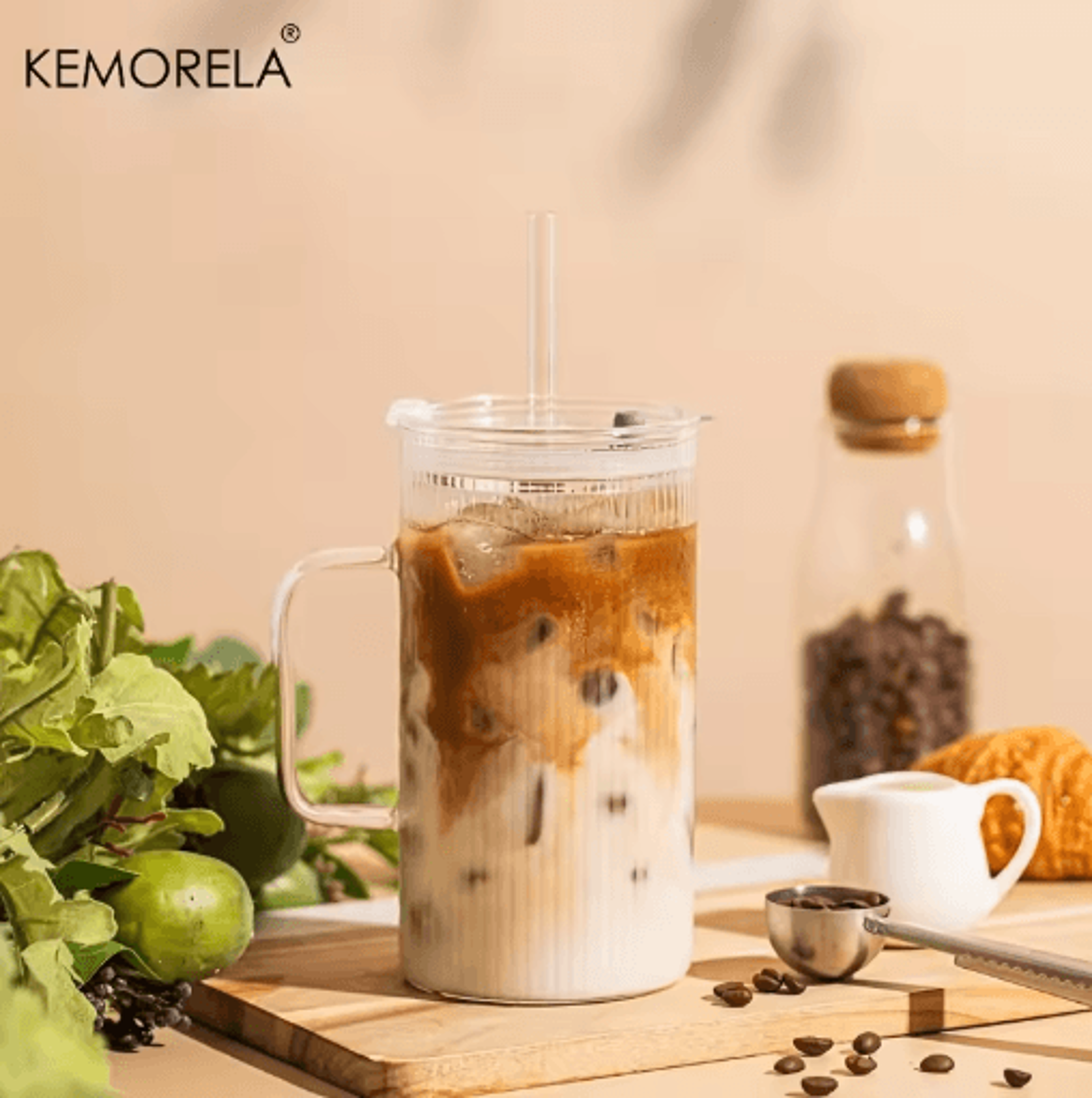 KEMORELA 740ML Ribbed Glass Tumbler With Handle Lid And Reusable Straw Clear Large Drinkware 1 To2  6