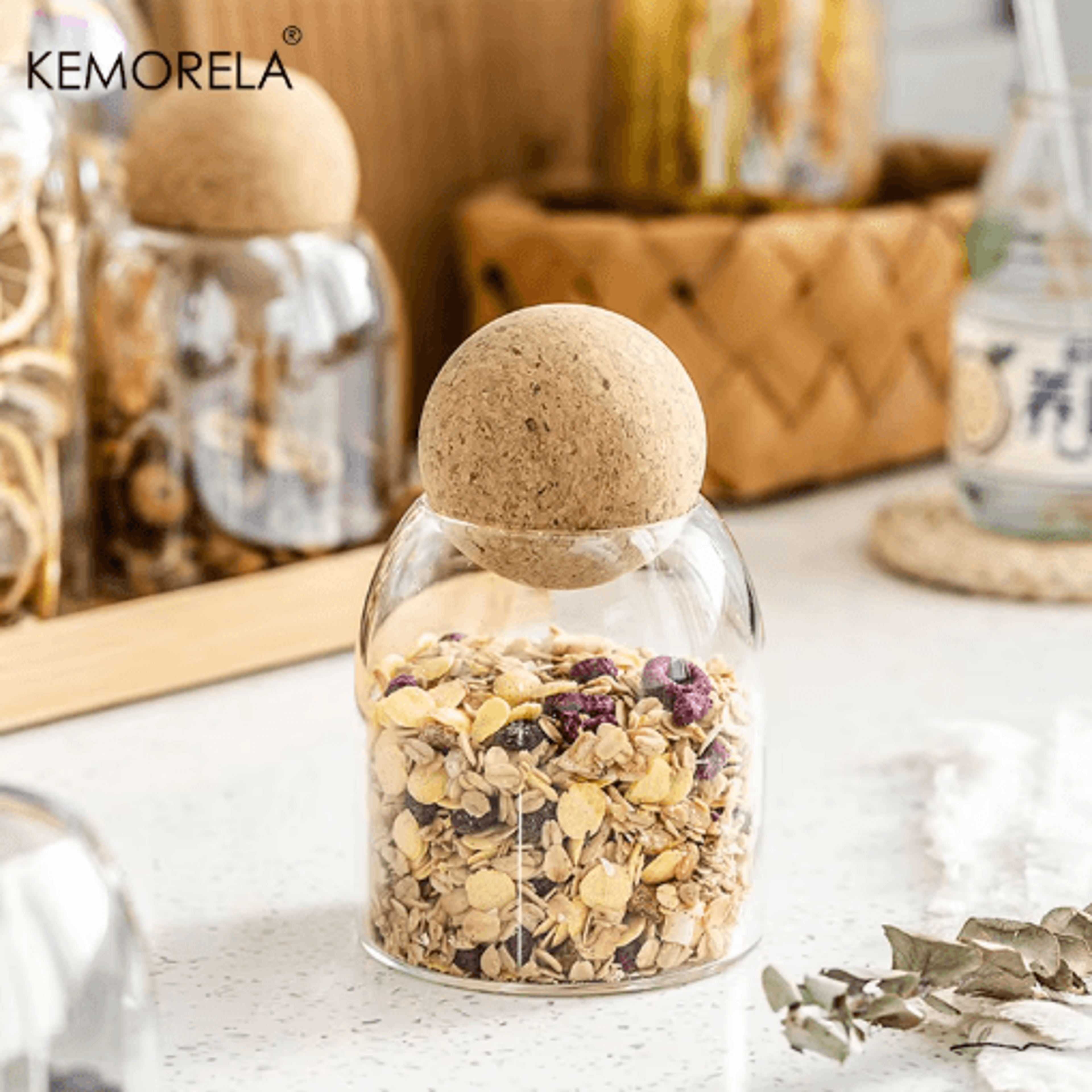 KEMORELA Airtight Glass Storage Jar With Ball Cork Lid Transparent Canister For Tea Coffee And Snac 7