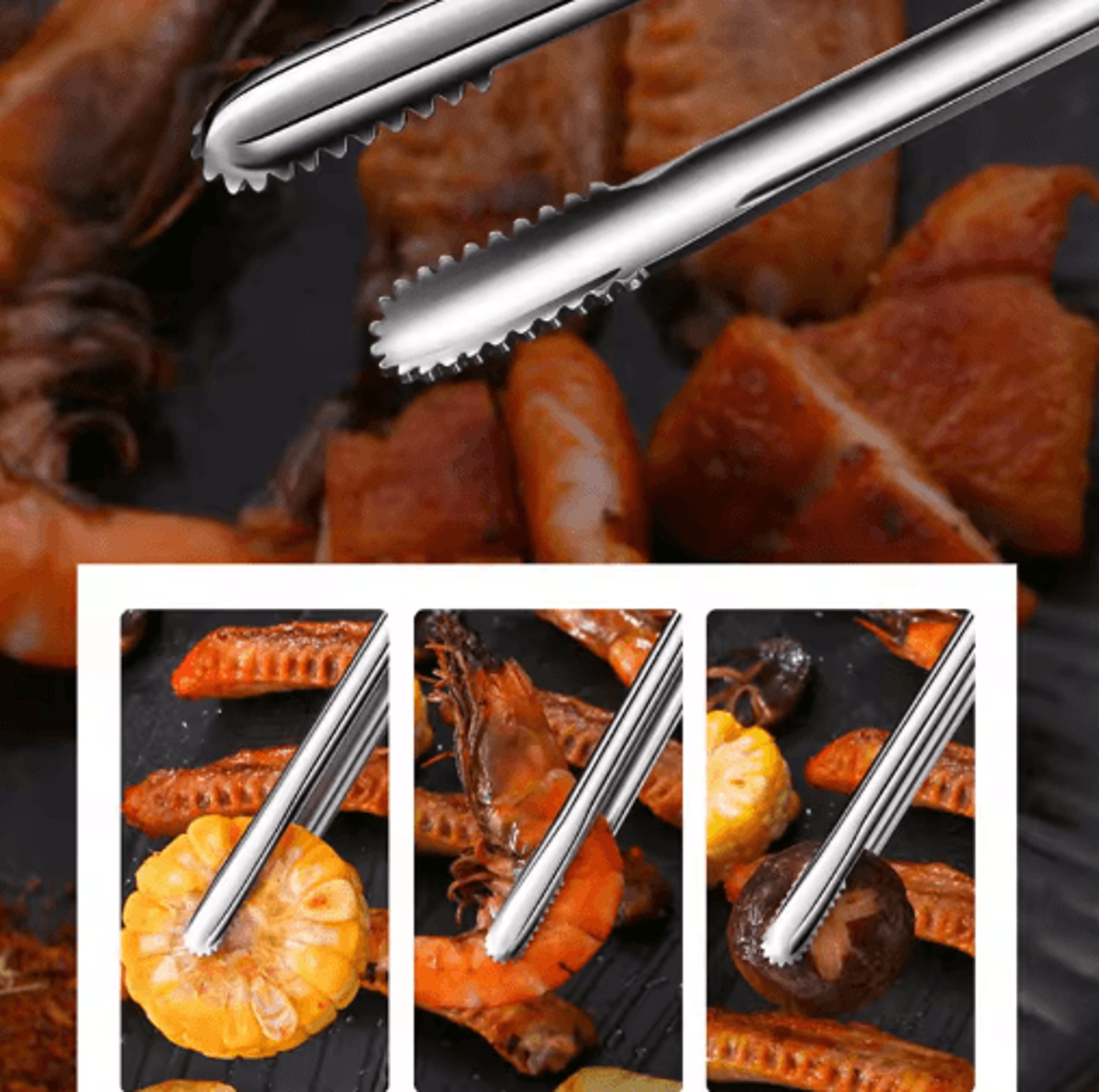 Stainless Steel BBQ Grill Tongs  NonSlip Food Clip For Cooking  Entertaining 7