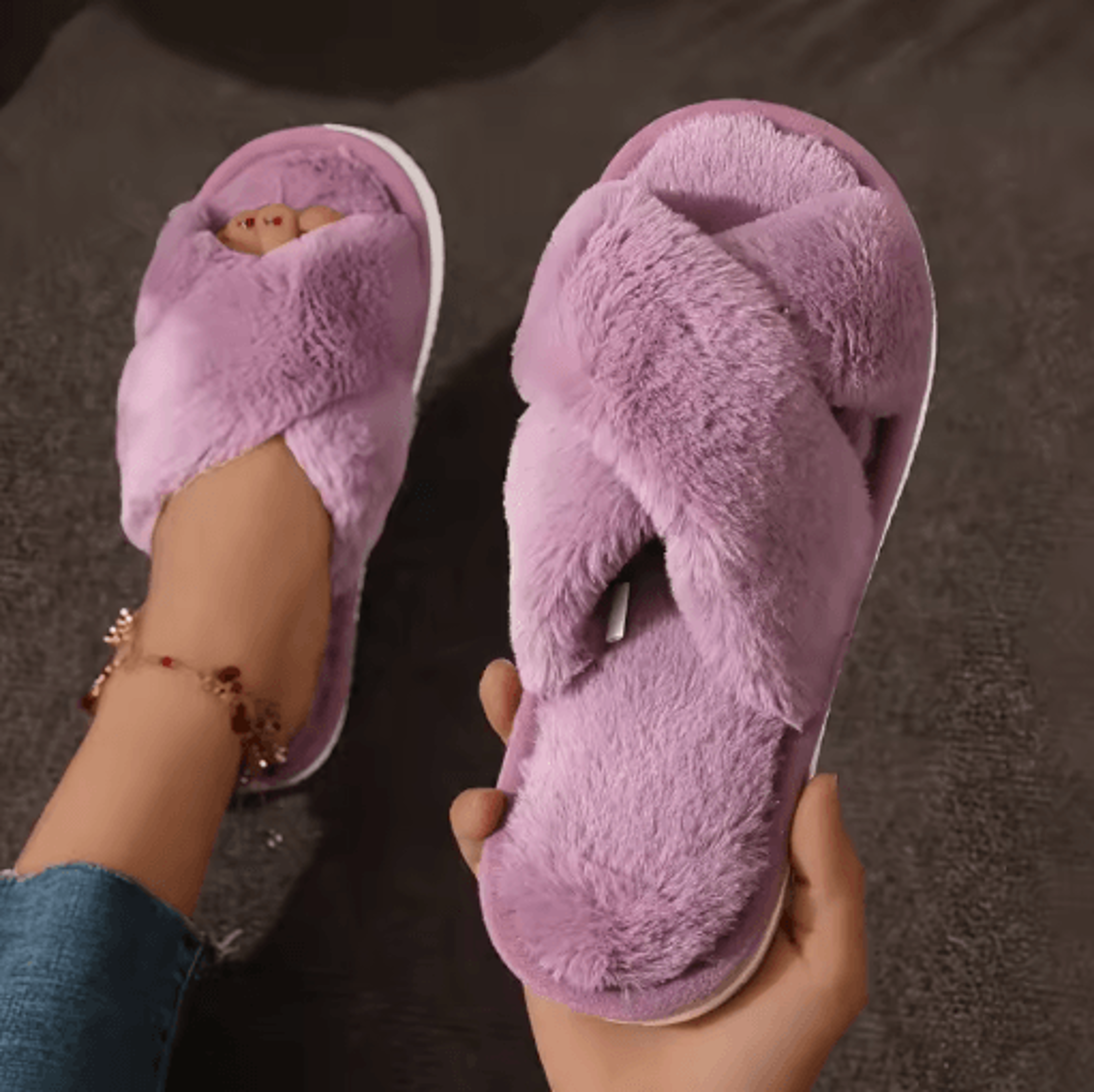 Womens CrossStrap Faux Fur Slippers  Warm Plush Indoor Slides For Home Comfort 3