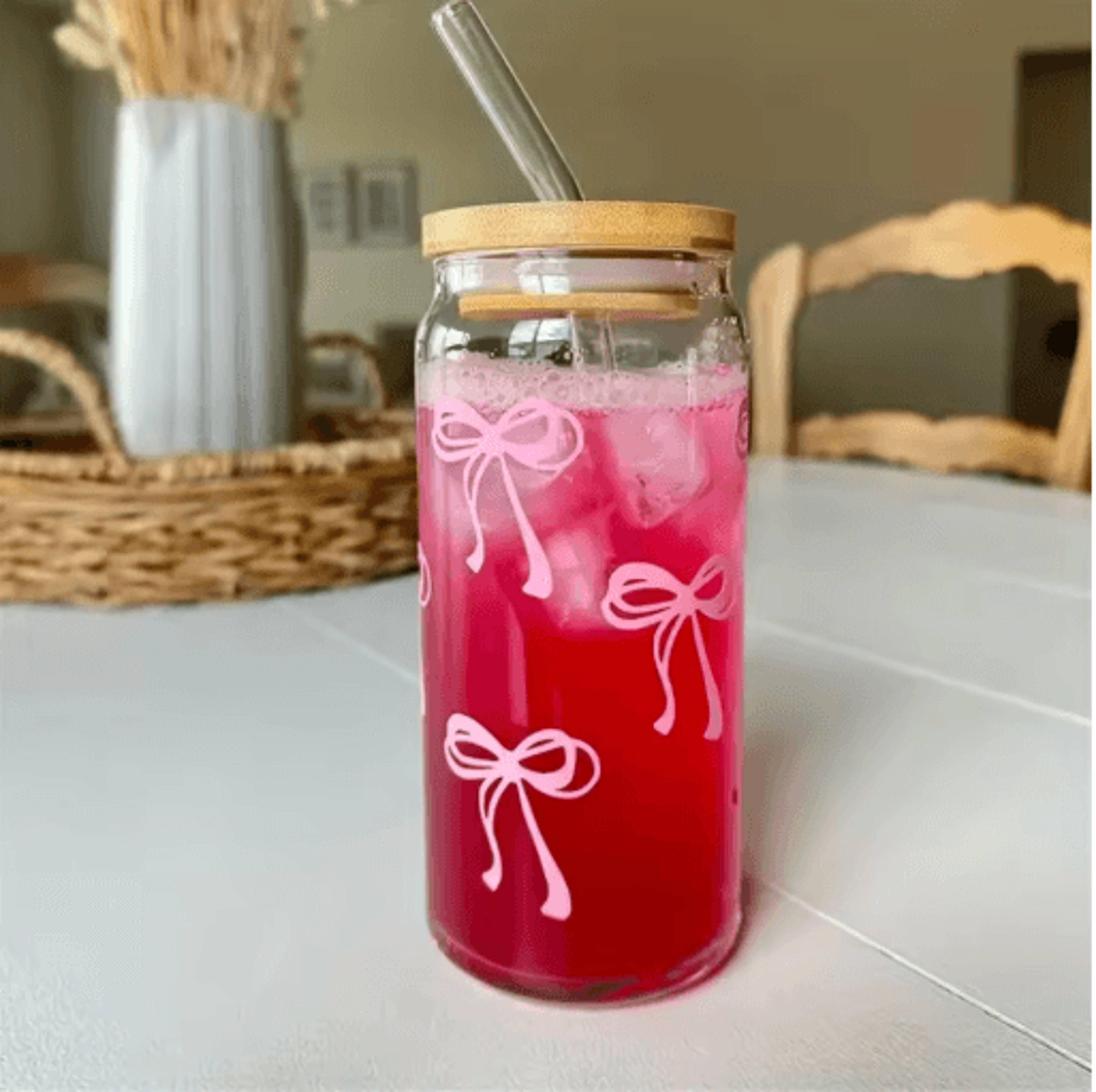 Cherry Bow Glass Tumbler With Straw 500 Ml Mason Jar Style Iced Coffee And Juice Cup 6
