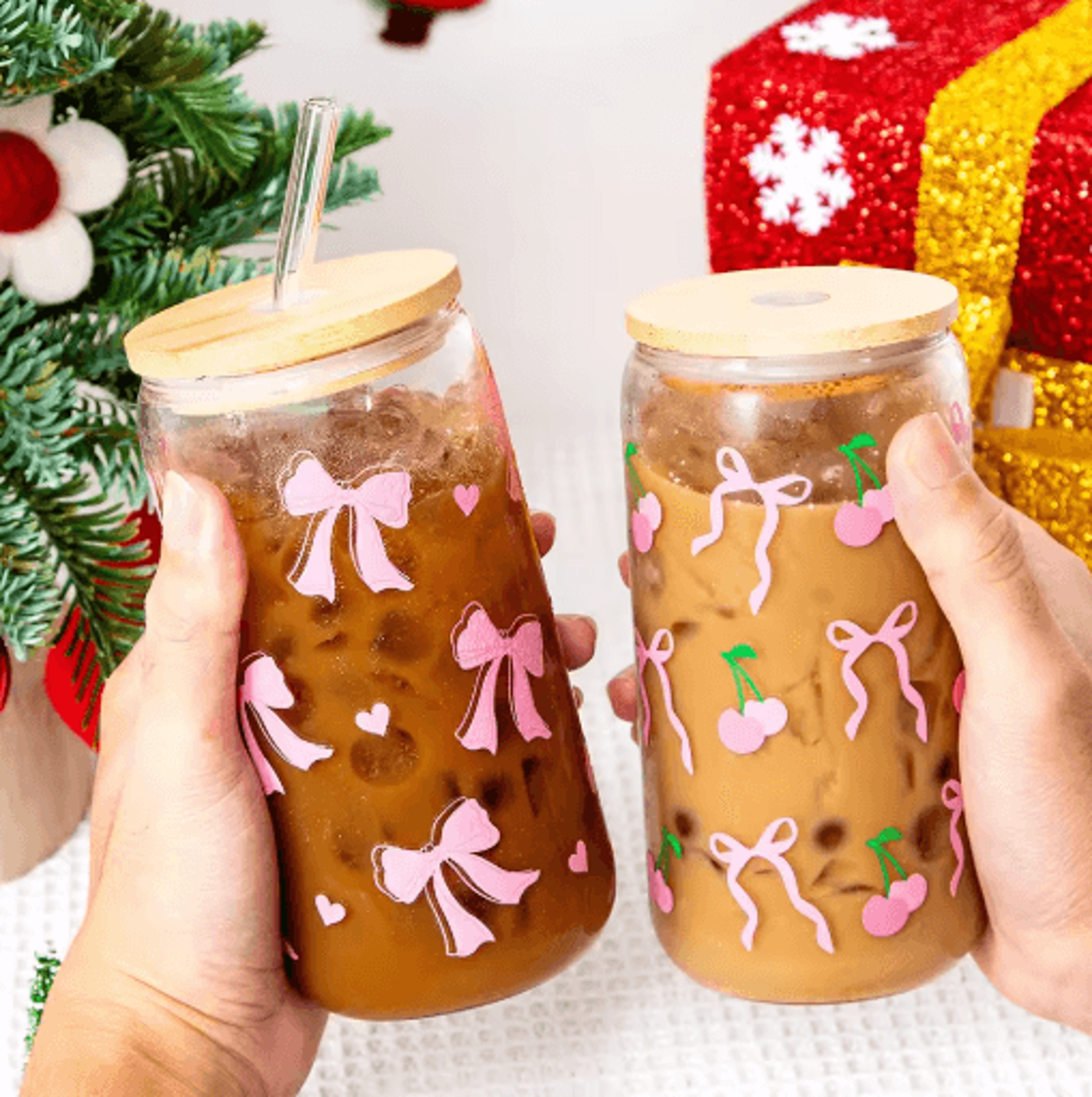 Cherry Bow Glass Tumbler With Straw 500 Ml Mason Jar Style Iced Coffee And Juice Cup 0