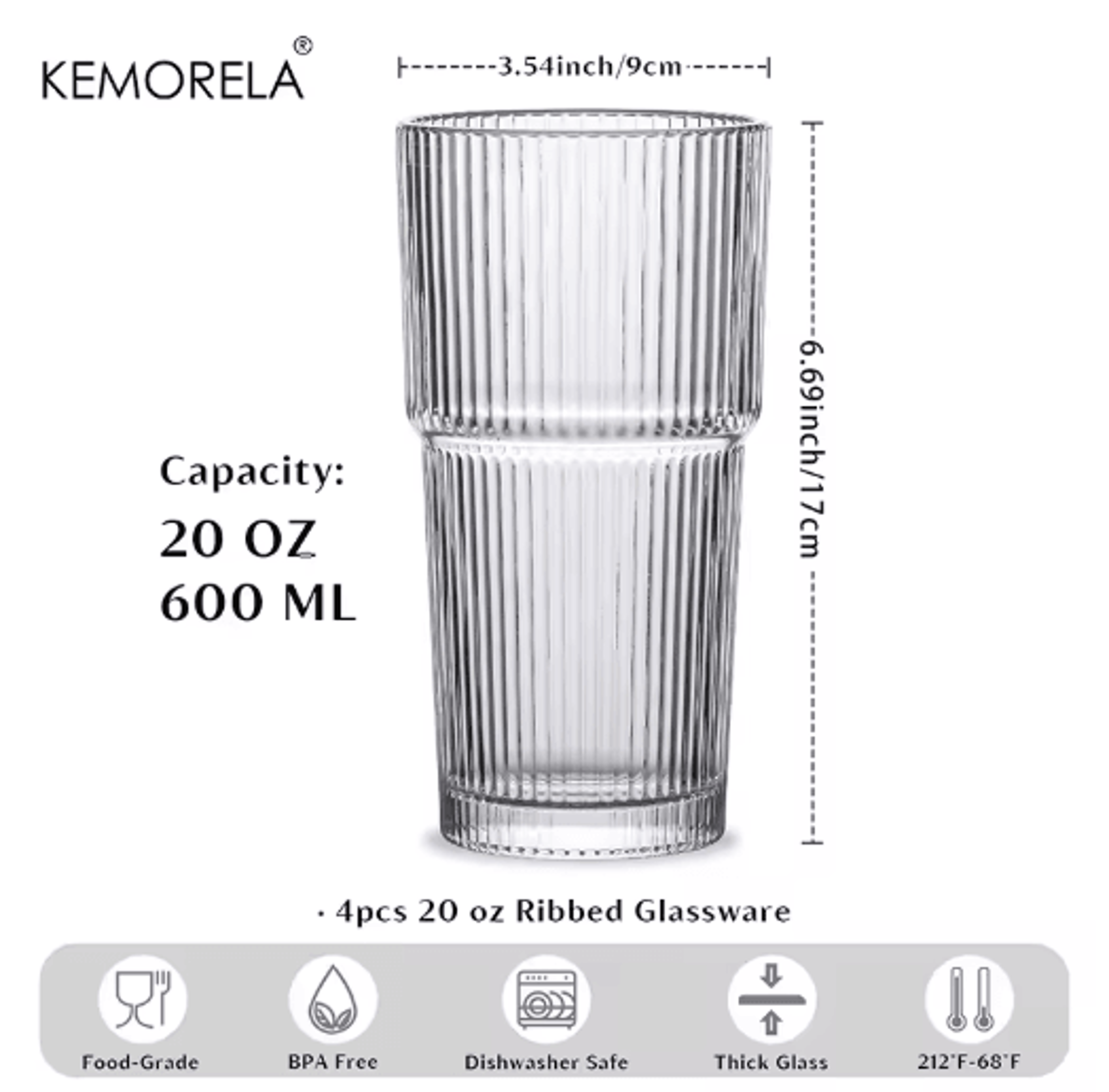 KEMORELA Ribbed Glass Tumbler Set 590 Ml Large Capacity Glasses For Iced Coffee Juice And Cocktails 3