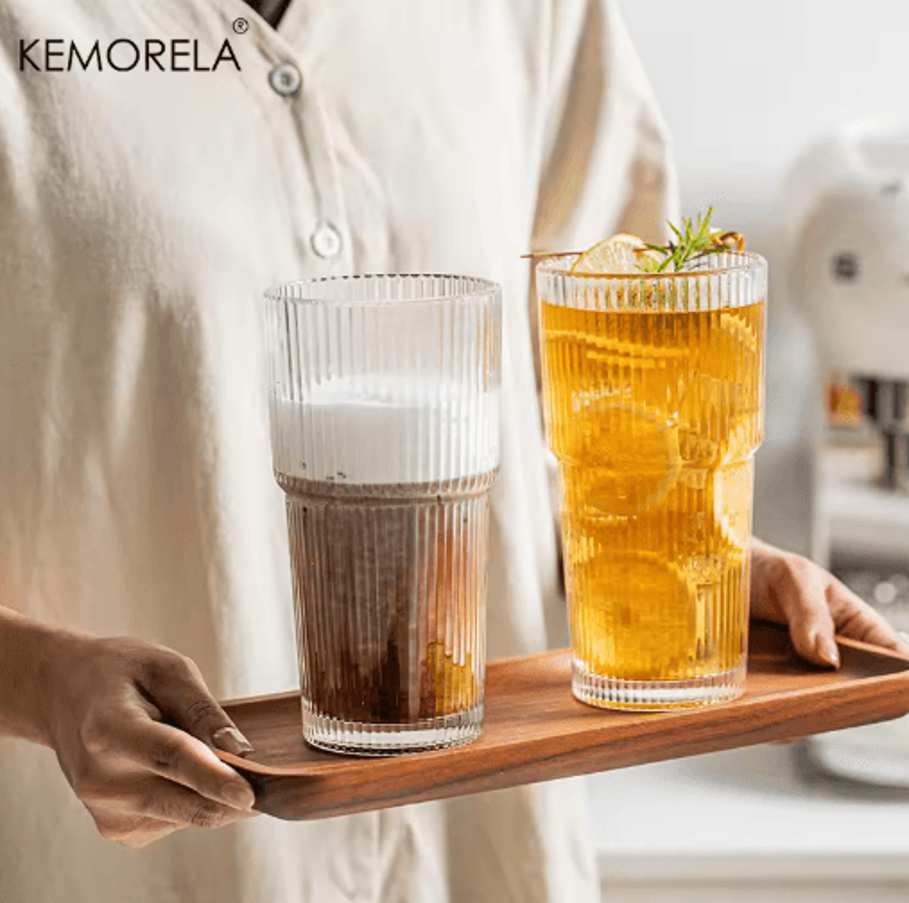 KEMORELA Ribbed Glass Tumbler Set 590 Ml Large Capacity Glasses For Iced Coffee Juice And Cocktails 4