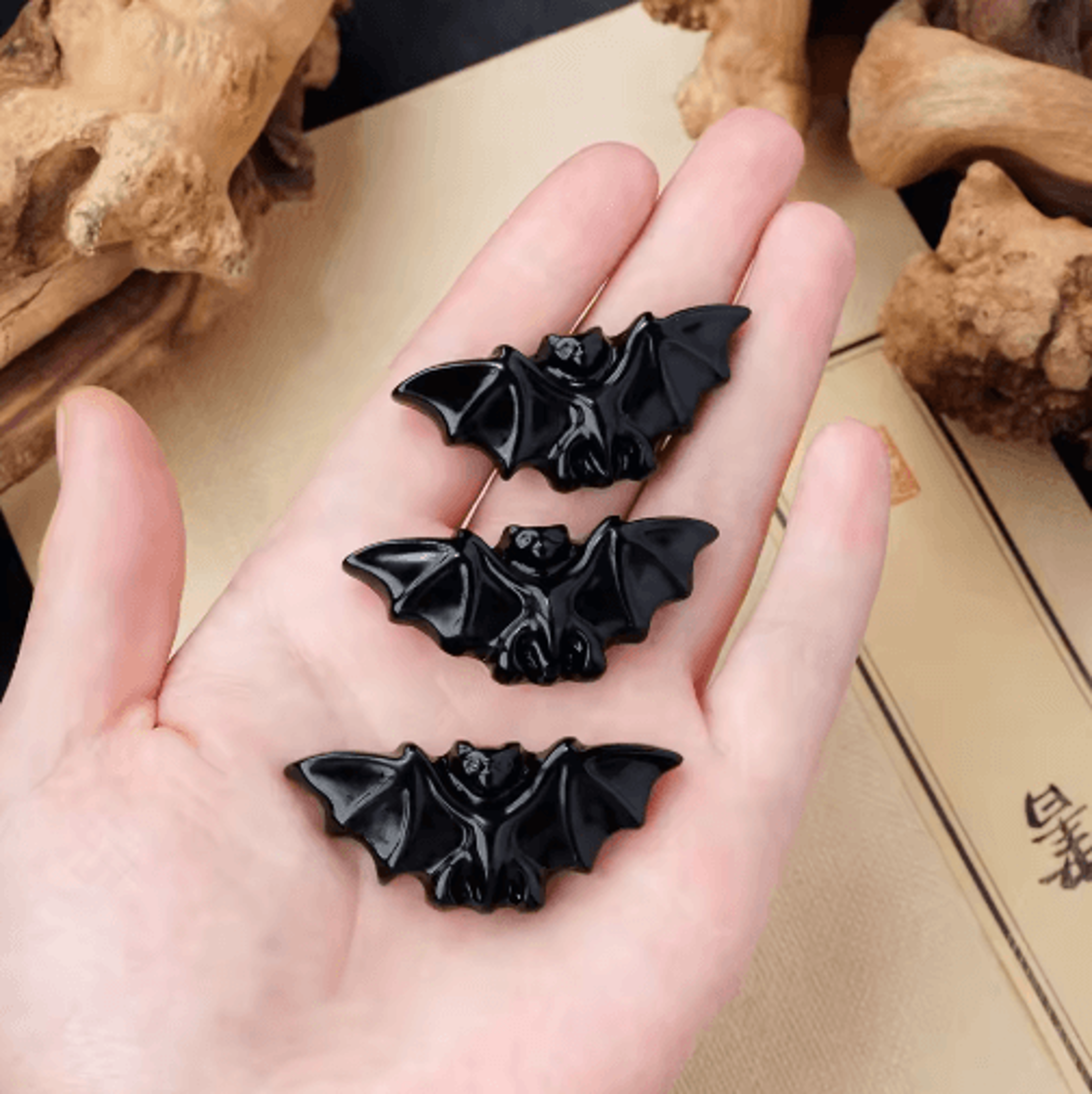 Natural Obsidian Crystal Bat Figurine  HandCarved Healing Energy  Spiritual Healing Crystal Decor 1
