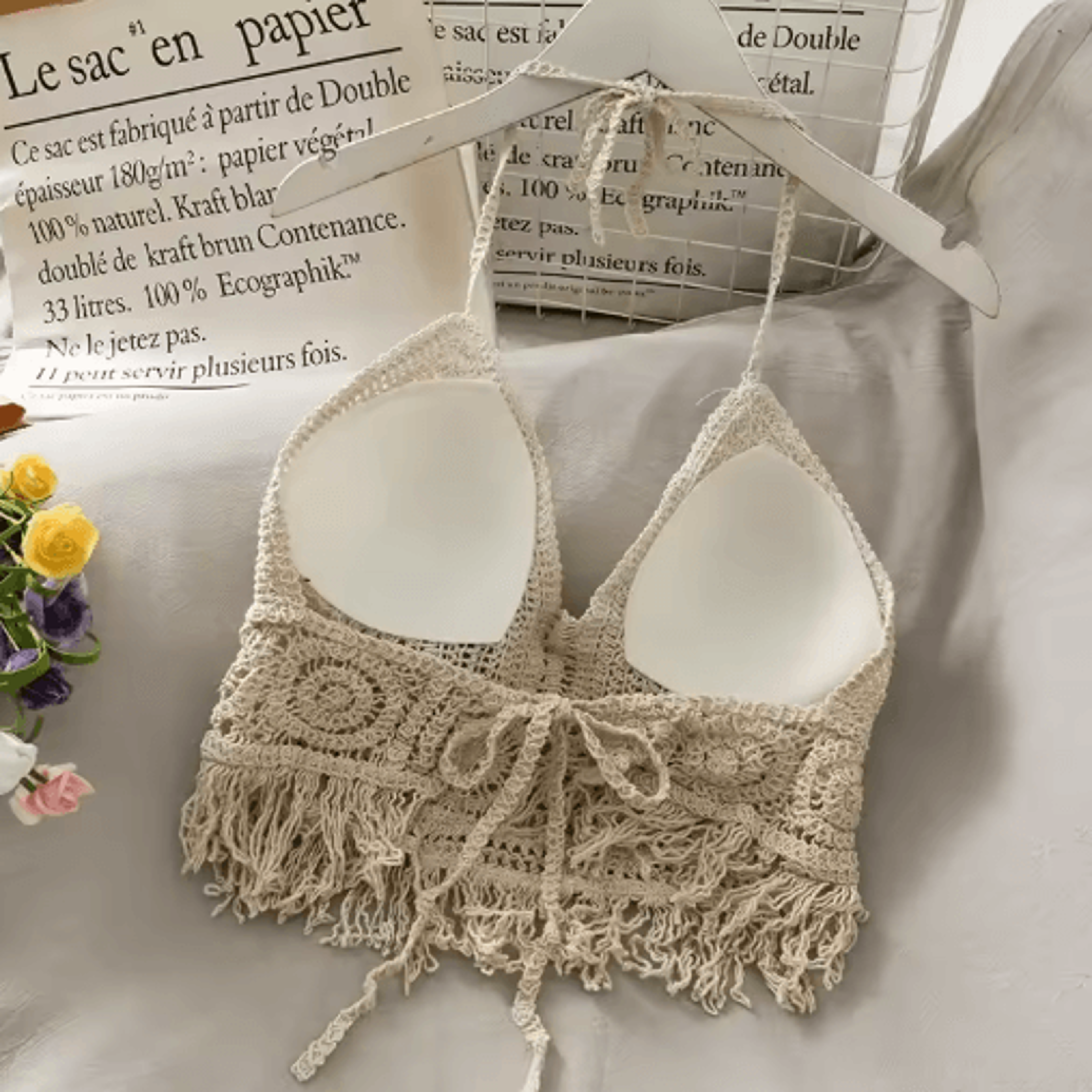 Lace Halter Crop Top With BuiltIn Bra  Retro Tassel Womens Beach Tank 12