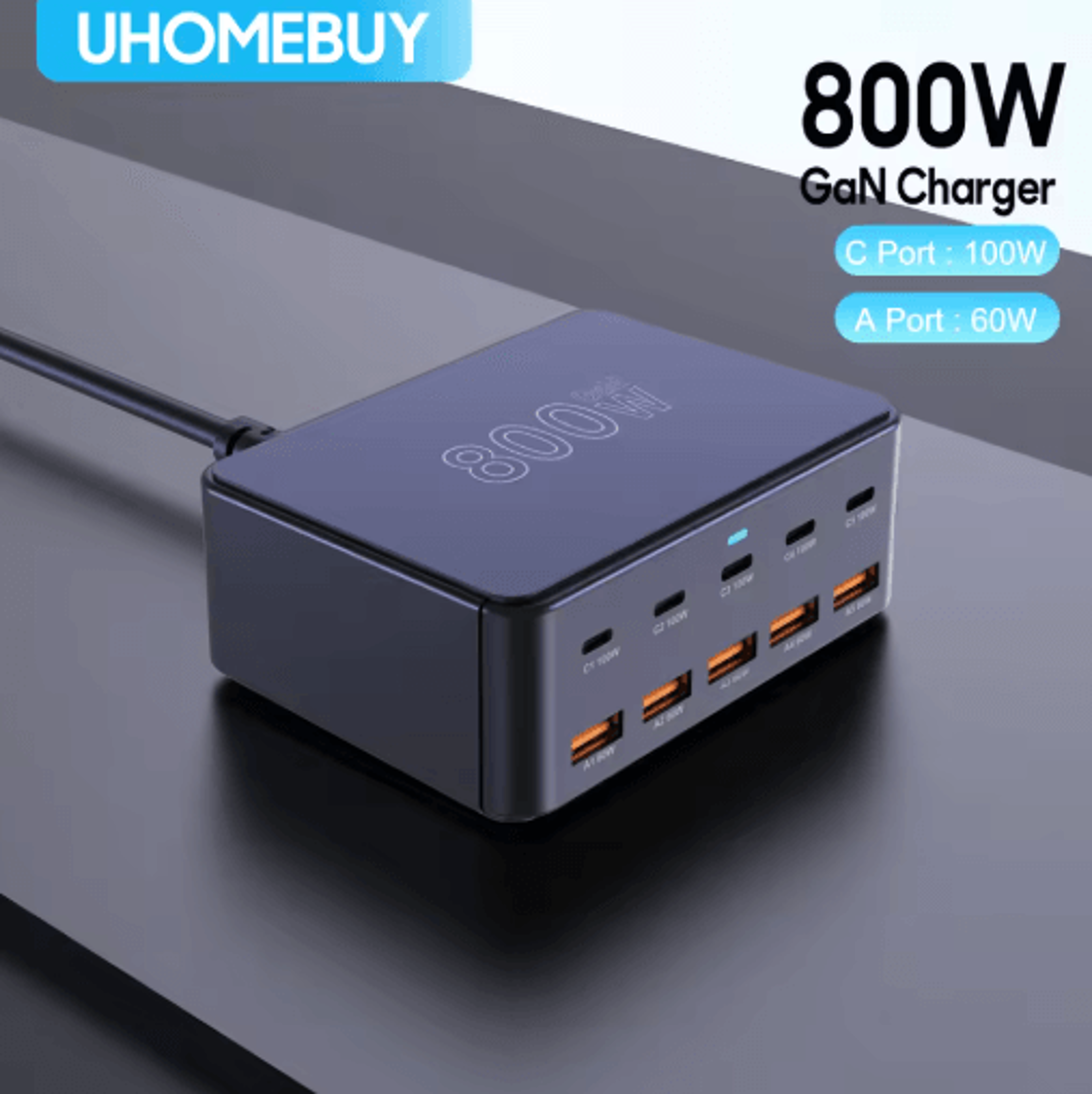 800w gan usb-c multiport charging station with 100w pd fast charging