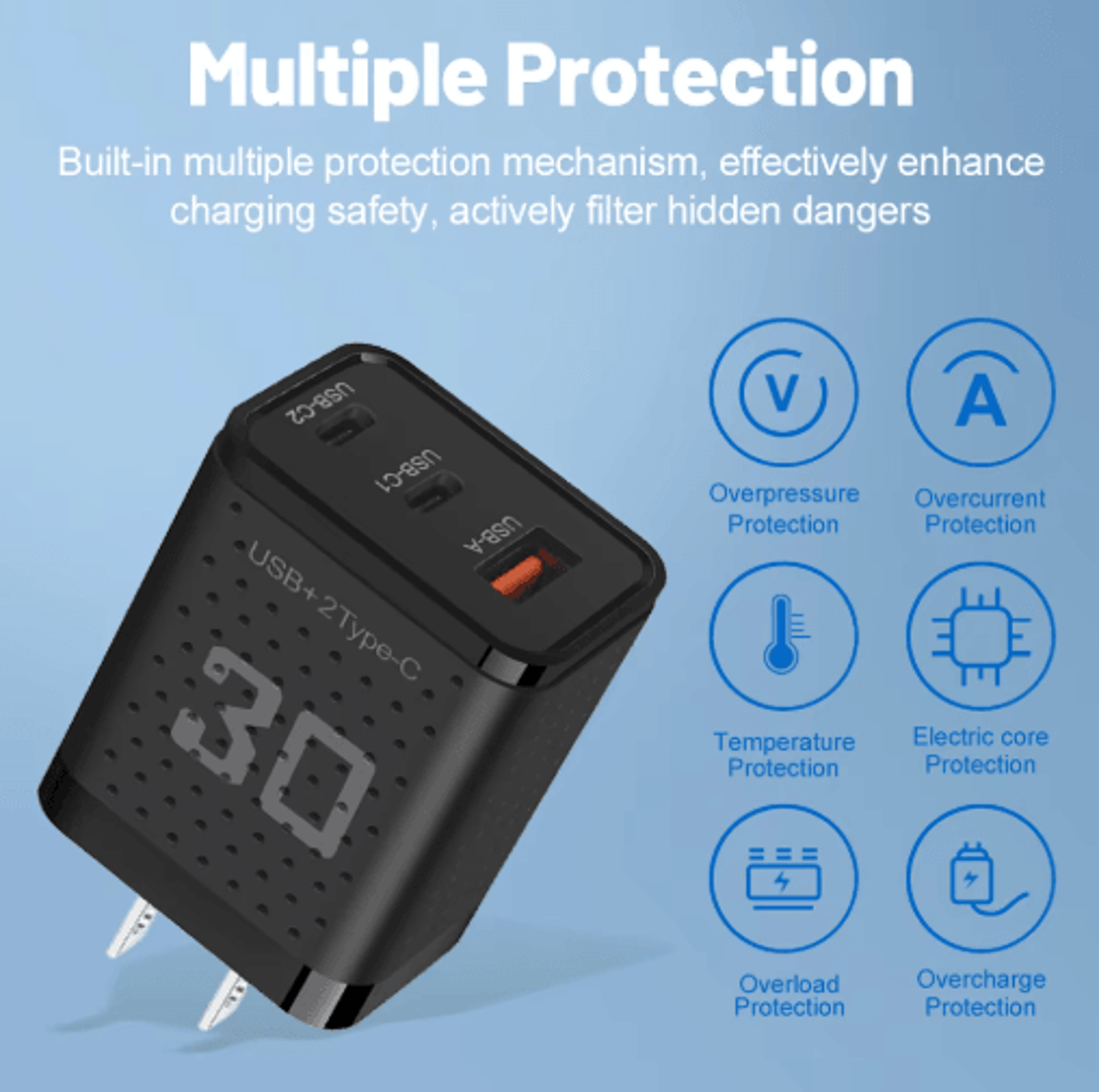30W USB C Charger 3 Port Fast Charging Adapter With QC30 EU US Plug 7
