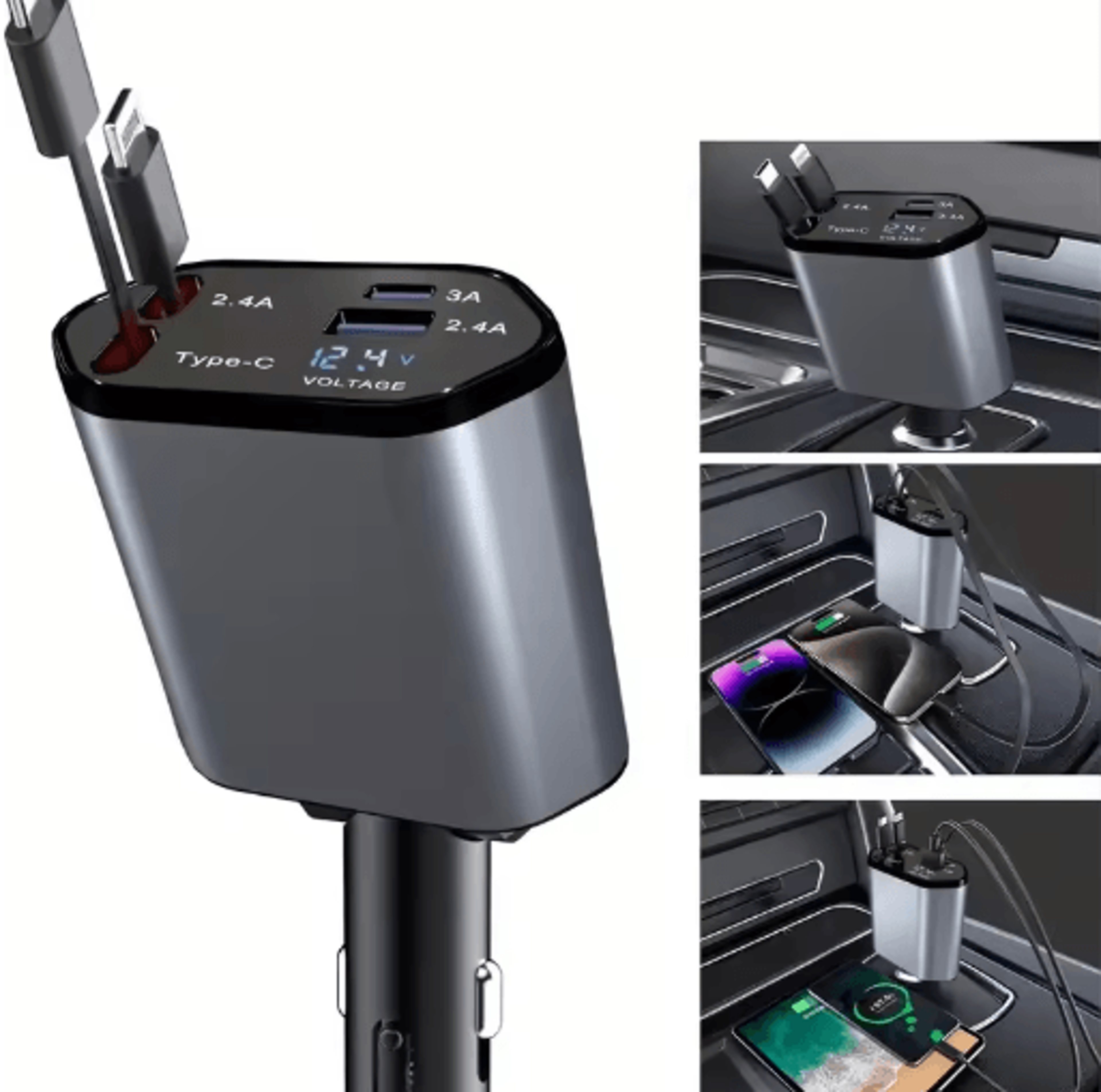 4in1 120W Retractable USBC Car Charger Adapter With Fast Charging Cables 1
