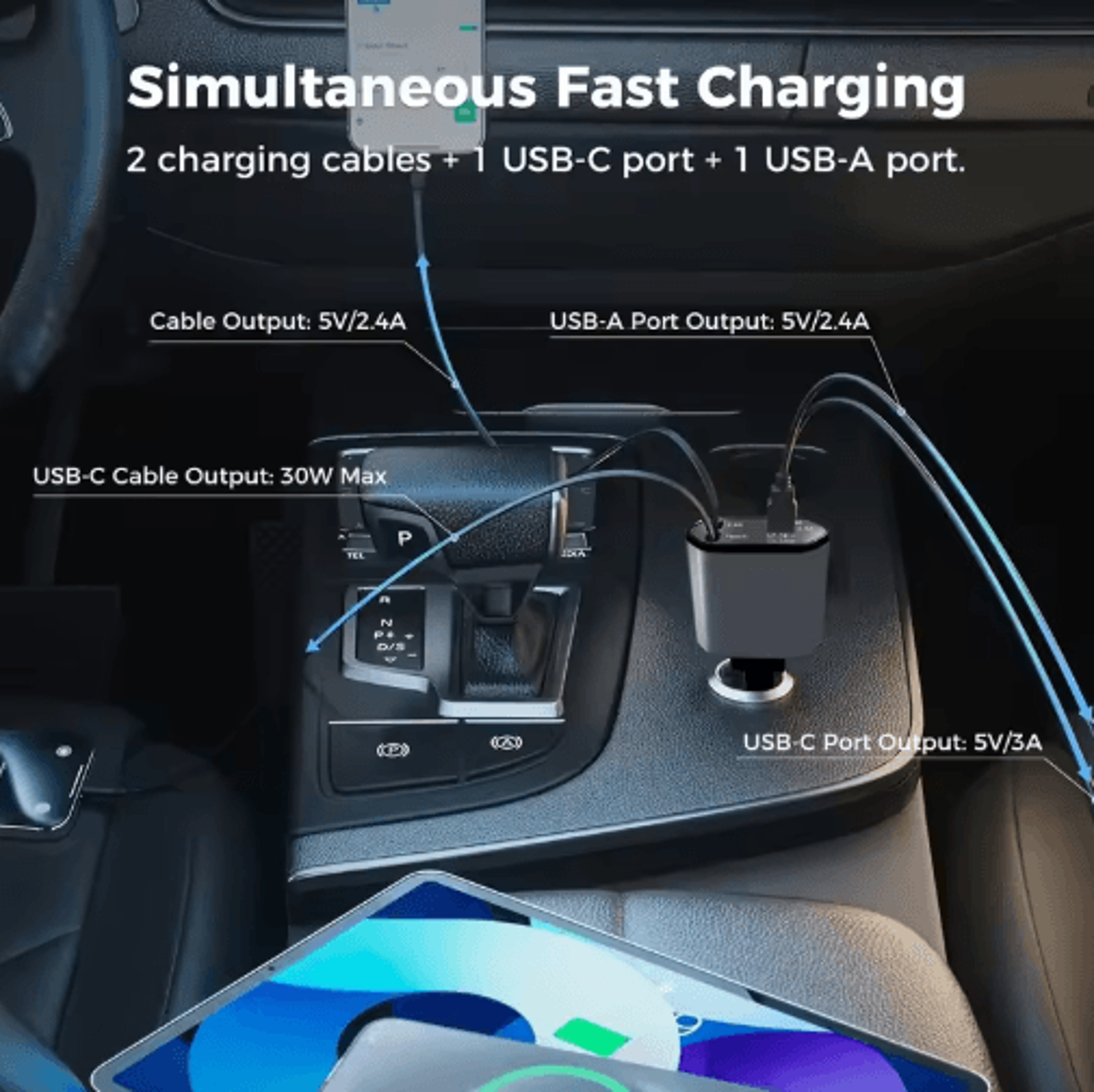 4in1 120W Retractable USBC Car Charger Adapter With Fast Charging Cables 6
