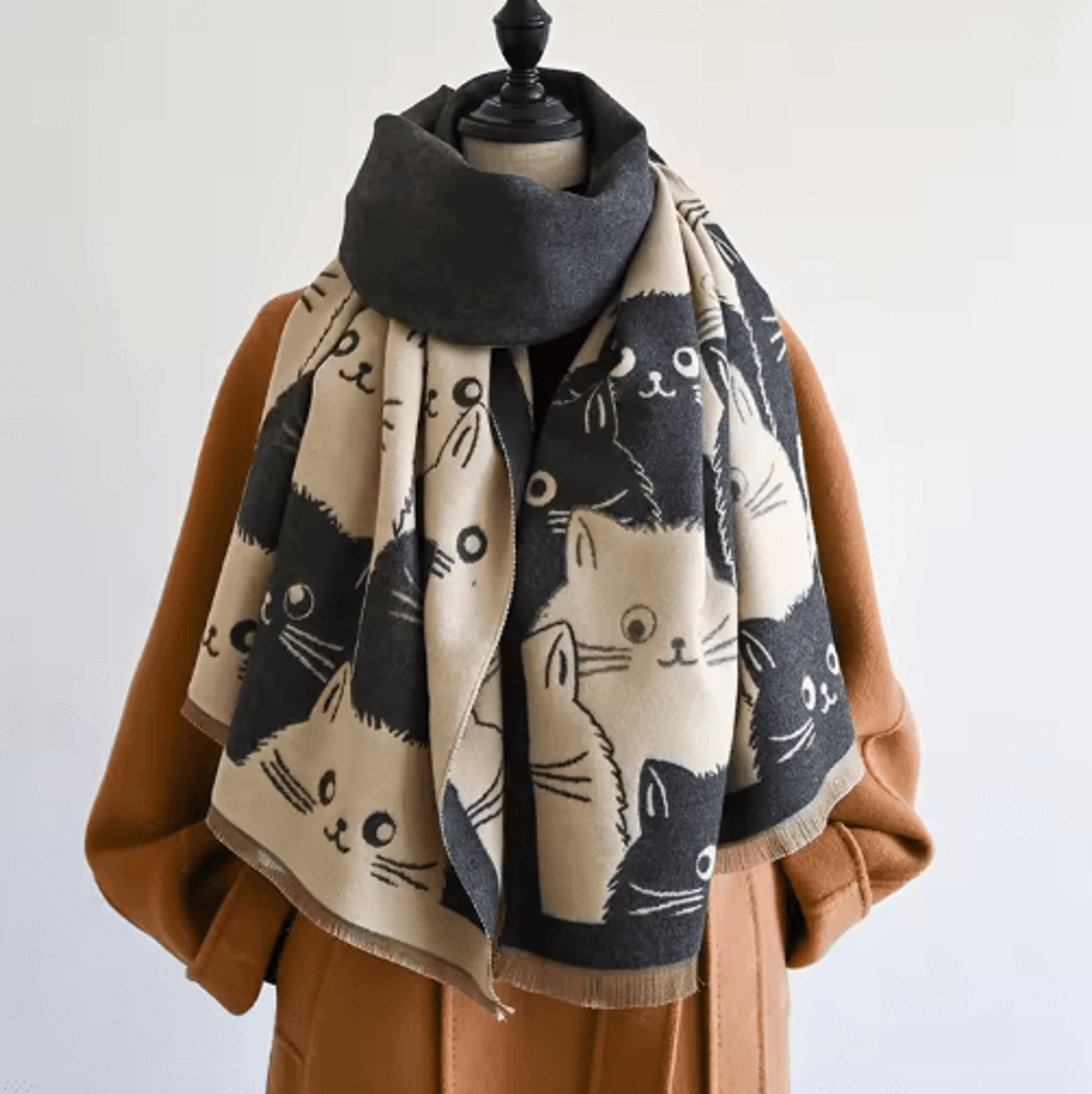 Cute Cat Jacquard Pashmina Scarf  Thick Cashmere Winter Shawl  Blanket Wrap For Women 11