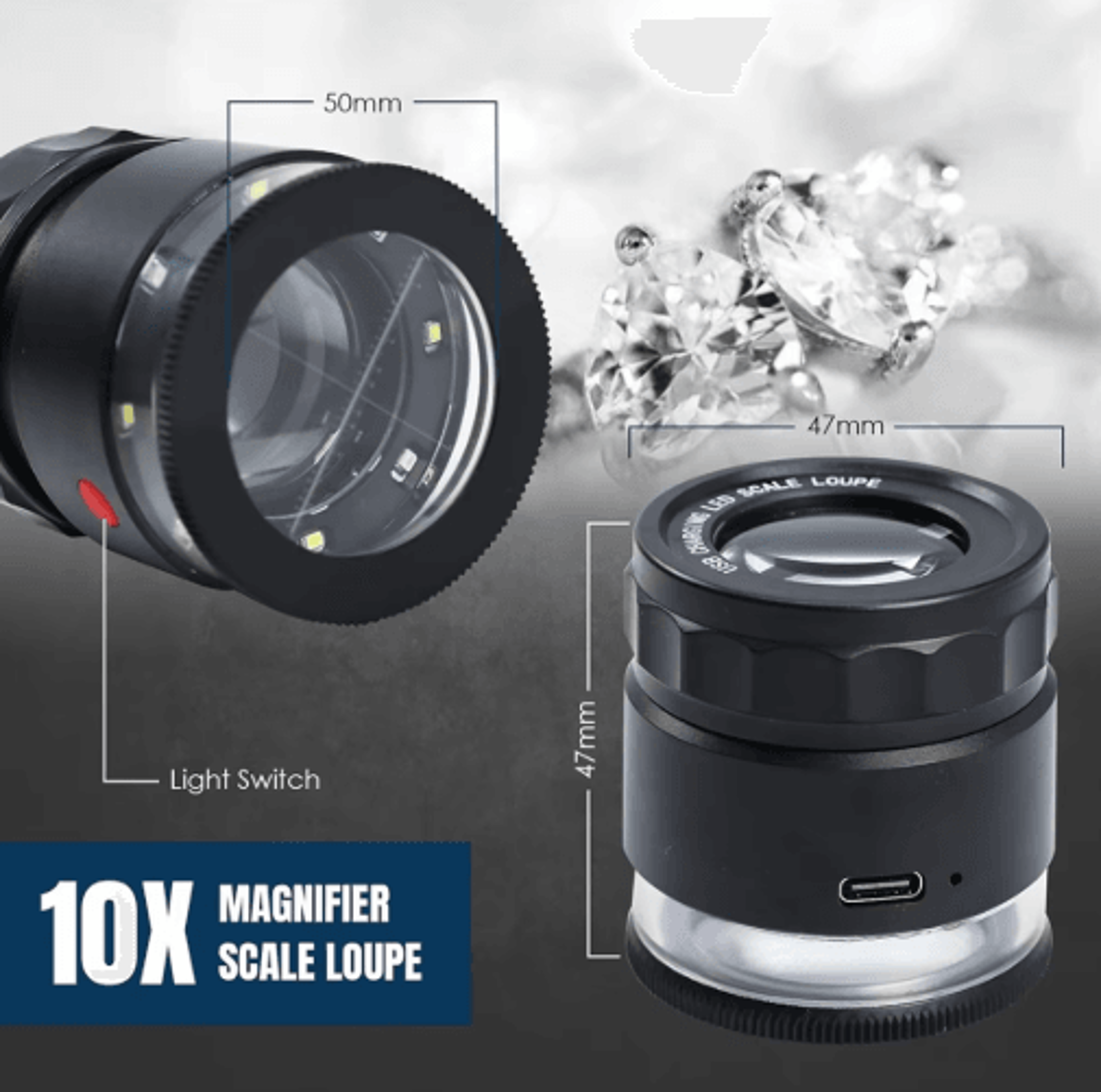 ABKY 10 Rechargeable Jewelers Loupe Magnifier With LED Light And Scale 1