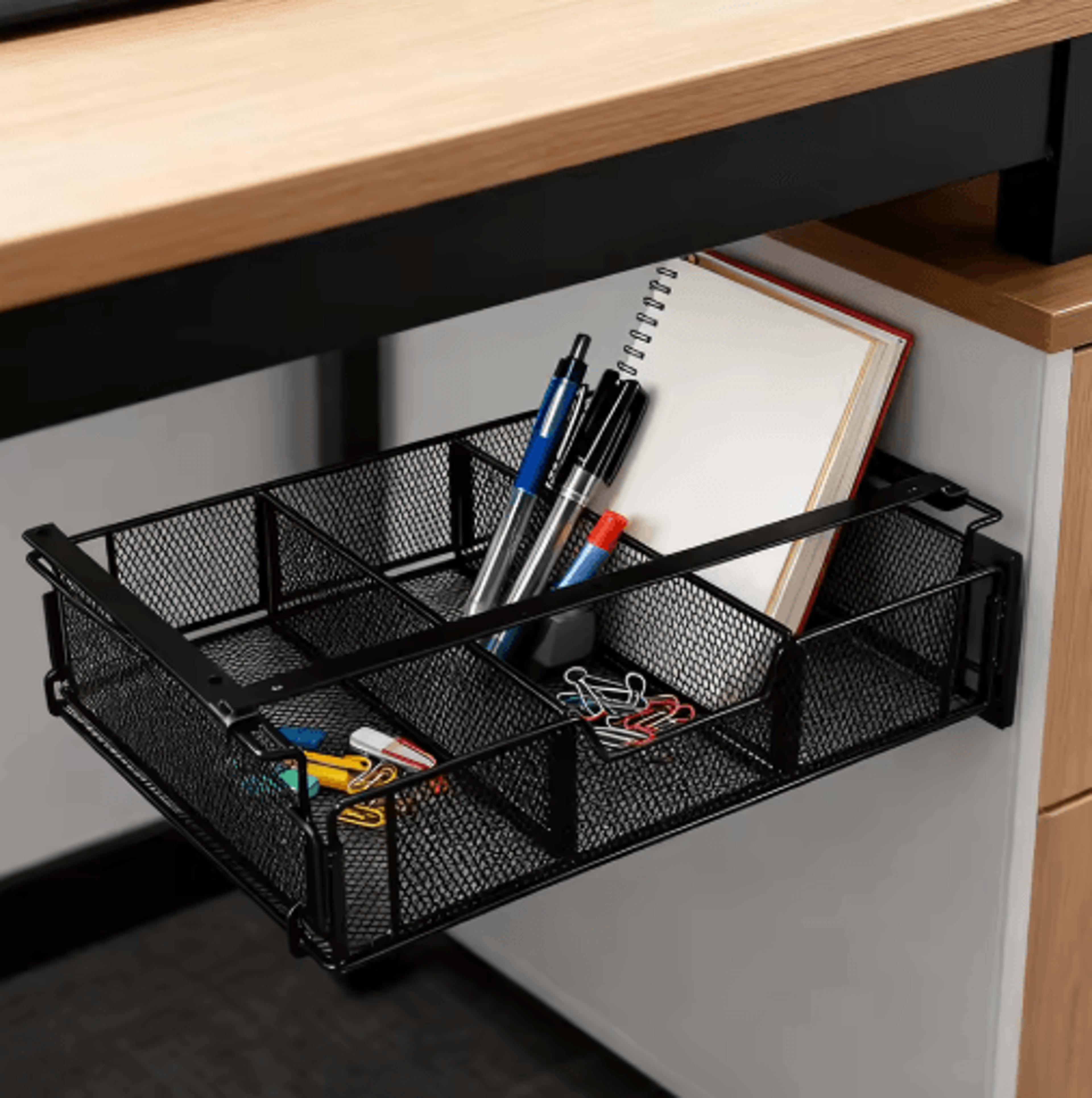 Under Desk Drawer Organizer Set With Black Desktop Storage Basket 6
