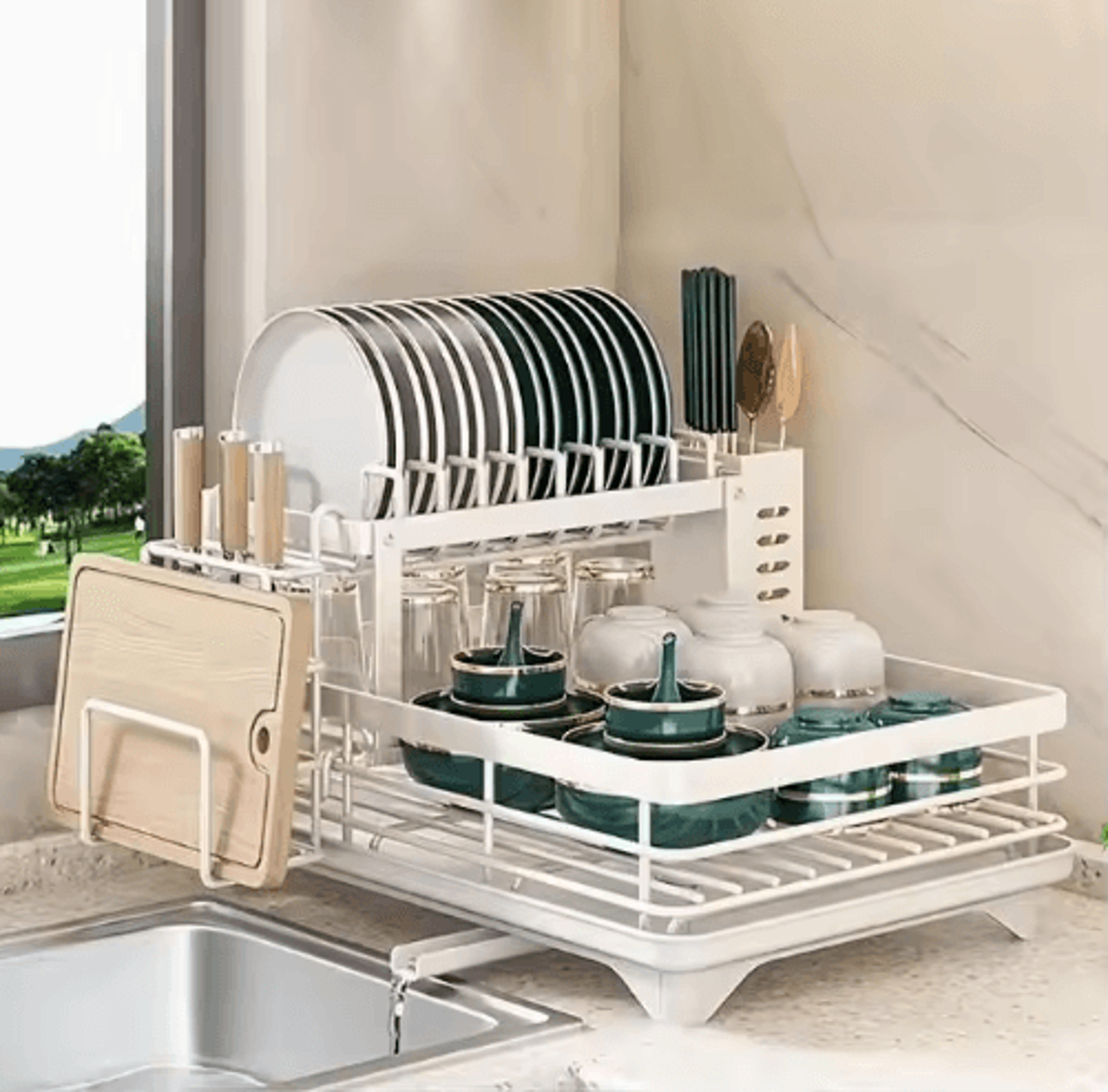 Double Tier Extendable Dish Drainer Large Capacity Adjustable Kitchen Countertop Rack 2