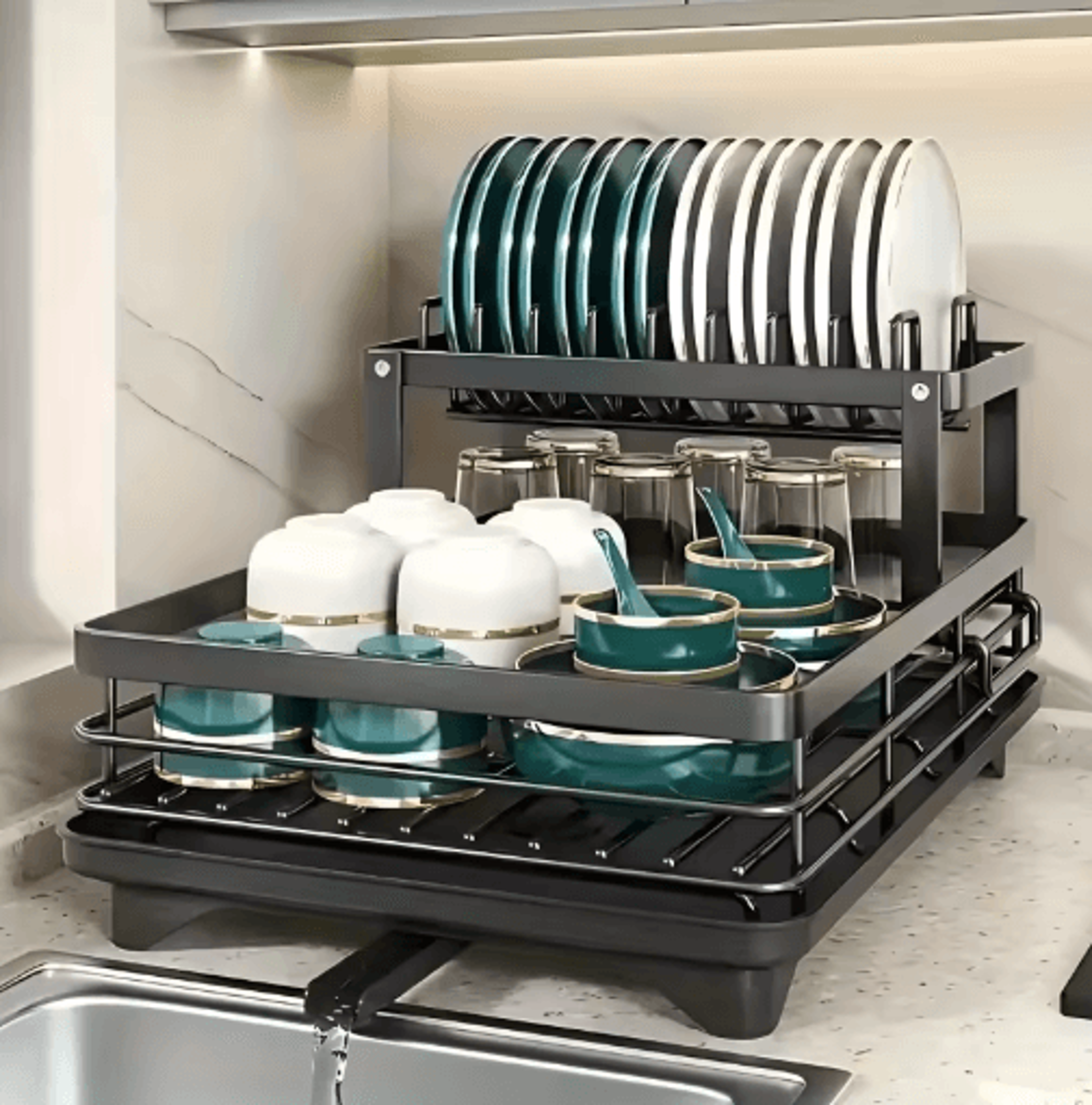 Double Tier Extendable Dish Drainer Large Capacity Adjustable Kitchen Countertop Rack 7