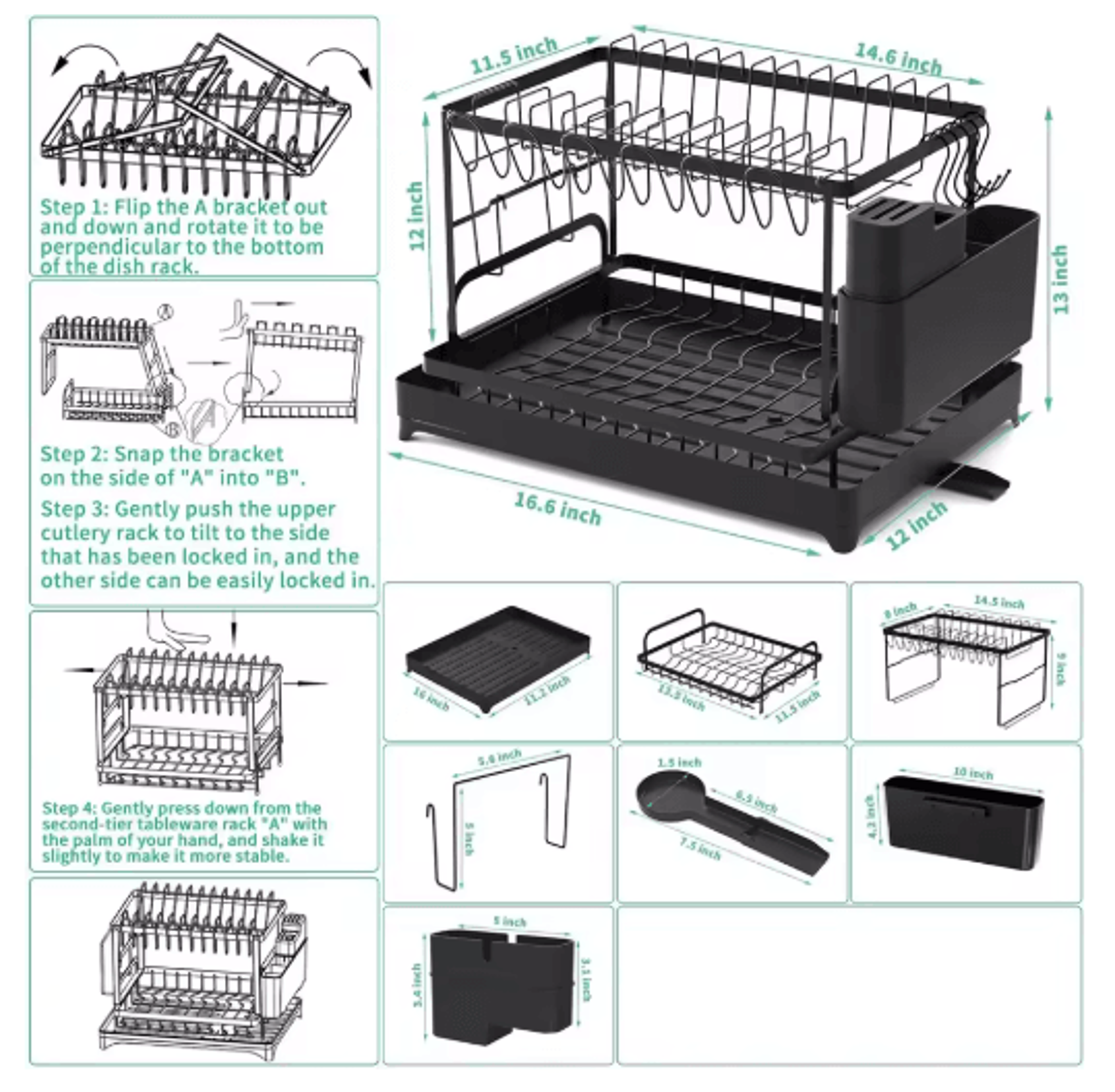 2 Tier Kitchen Countertop Dish Drying Rack With Drip Tray Metal Space Saving Dish Drainer 3