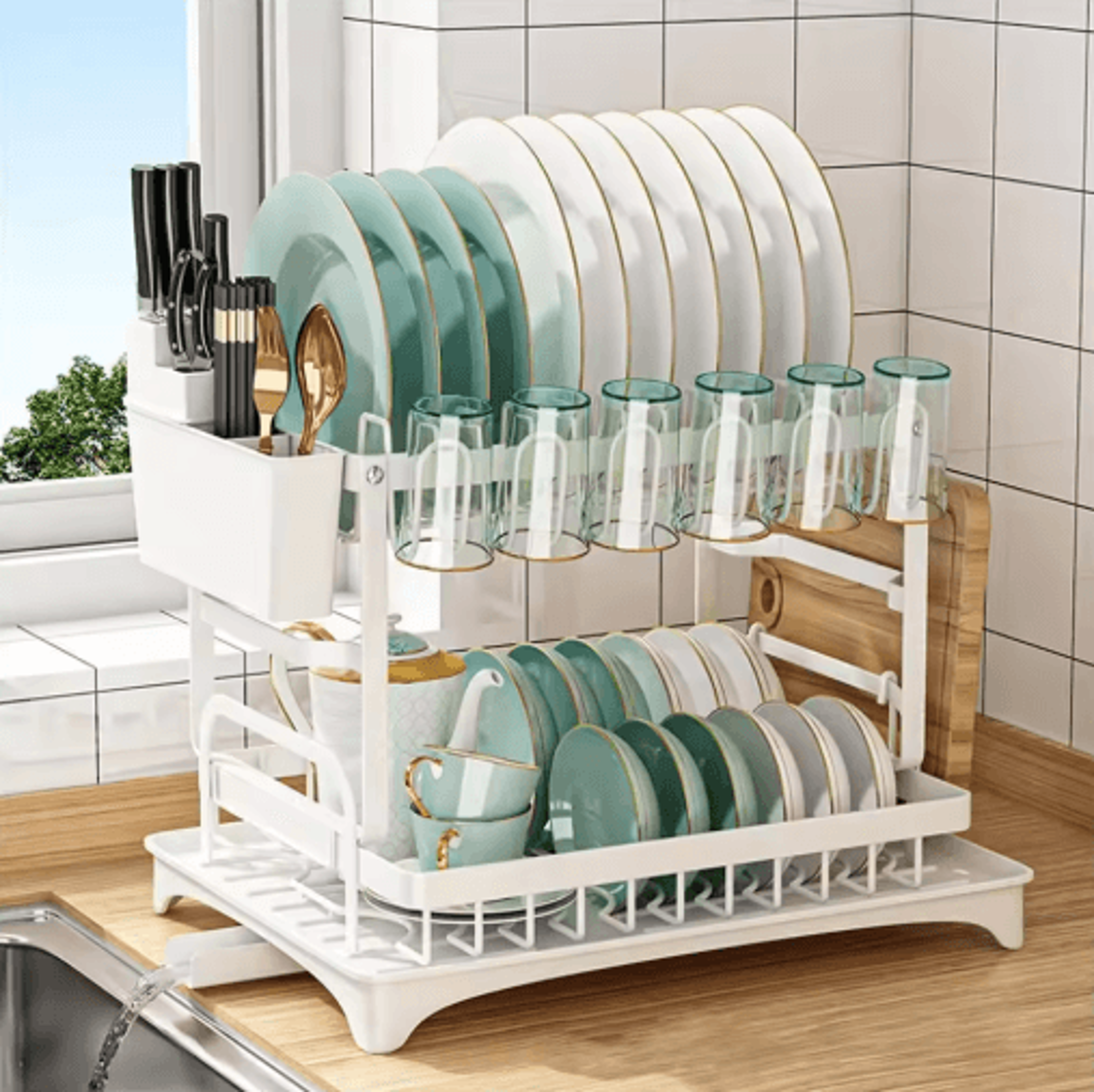 Rust Resistant Double Layer Dish Rack With Drain Tray  Knife Storage Organizer 1