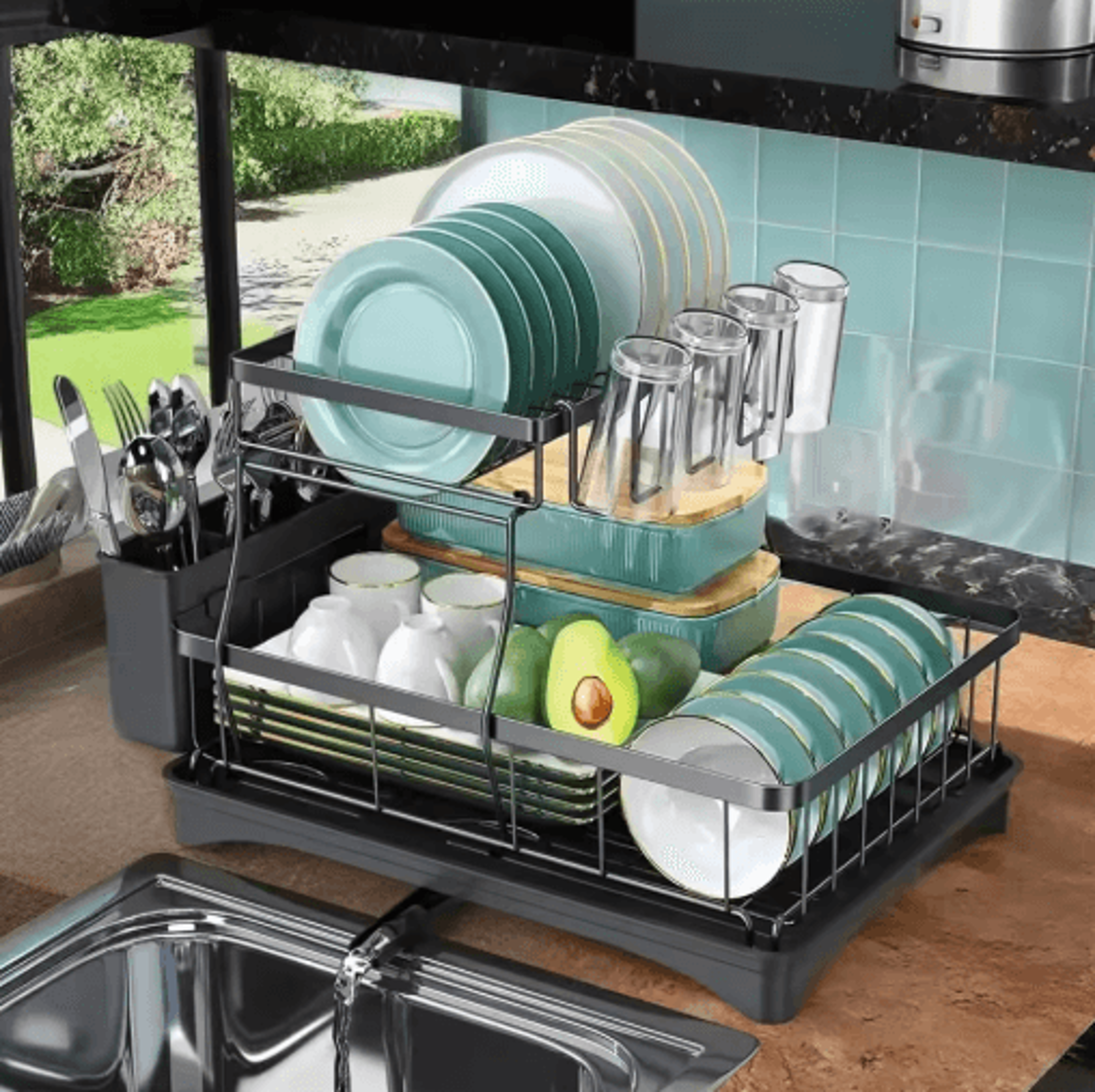 2 Tier Stainless Steel Dish Drying Rack Large Countertop Organizer With Drainer  Cutlery Holder 4