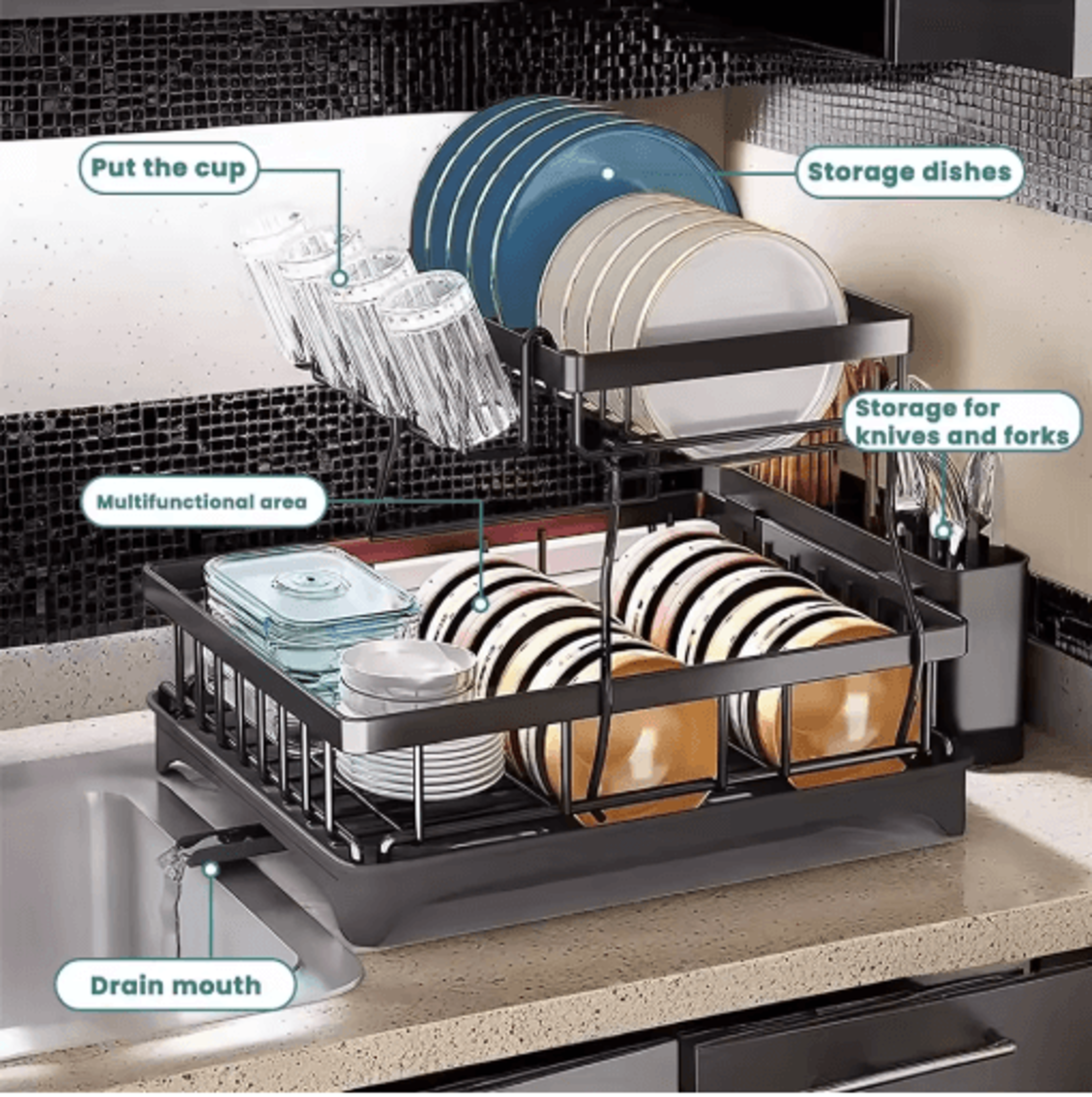 2 Tier Stainless Steel Dish Drying Rack Large Countertop Organizer With Drainer  Cutlery Holder 5