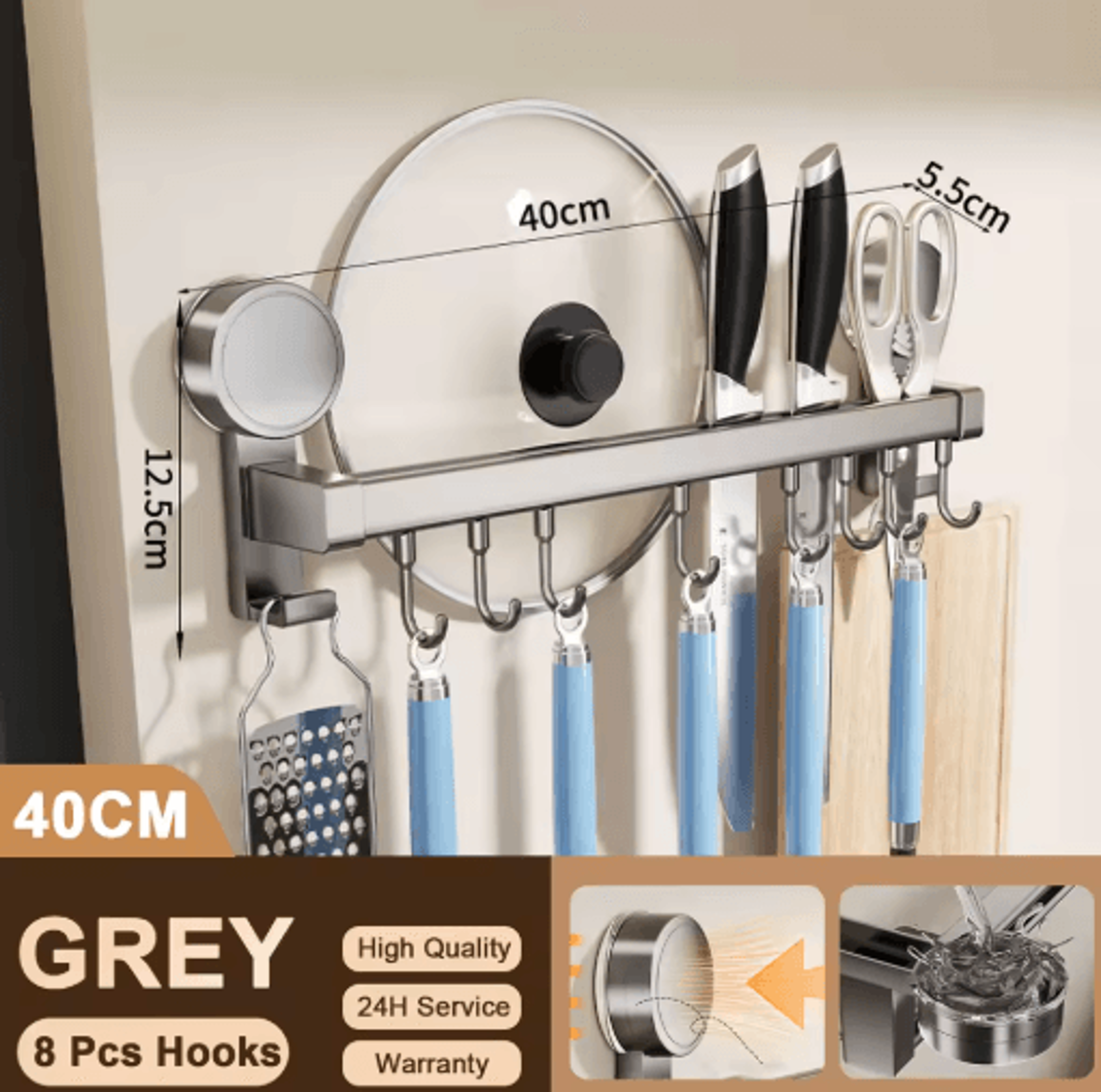 Wall Mounted Kitchen Hook Rack No Drill Utensil Hanger Rail With Chopping Board Holder 2