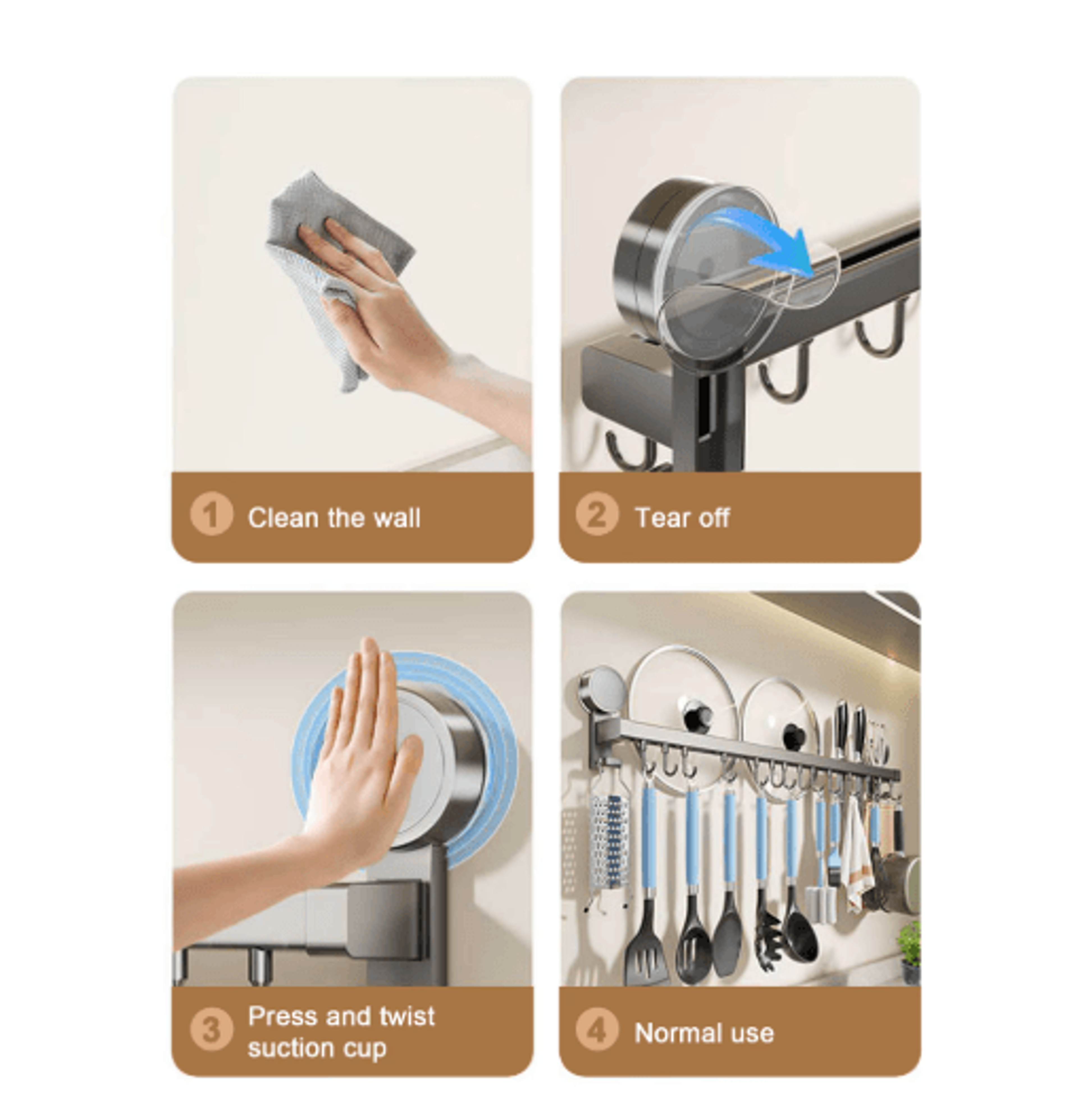 Wall Mounted Kitchen Hook Rack No Drill Utensil Hanger Rail With Chopping Board Holder 7