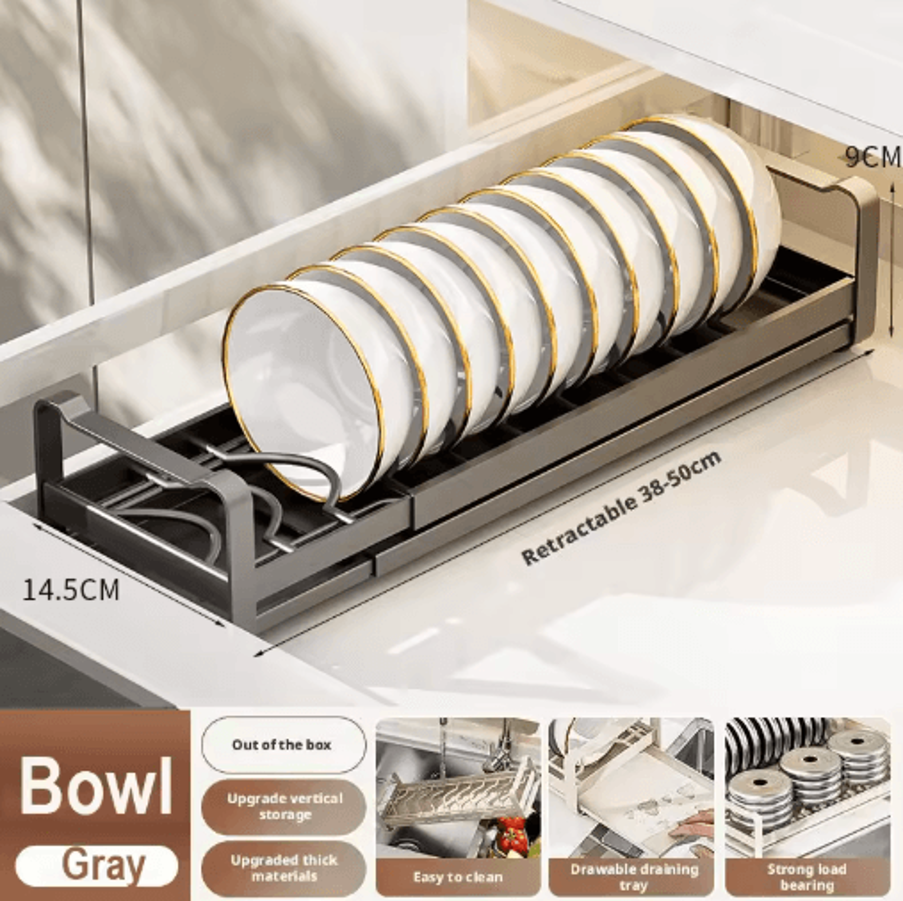 Pull Out Cabinet Dish Rack Stainless Steel Plate  Bowl Storage Drawer Organizer 12