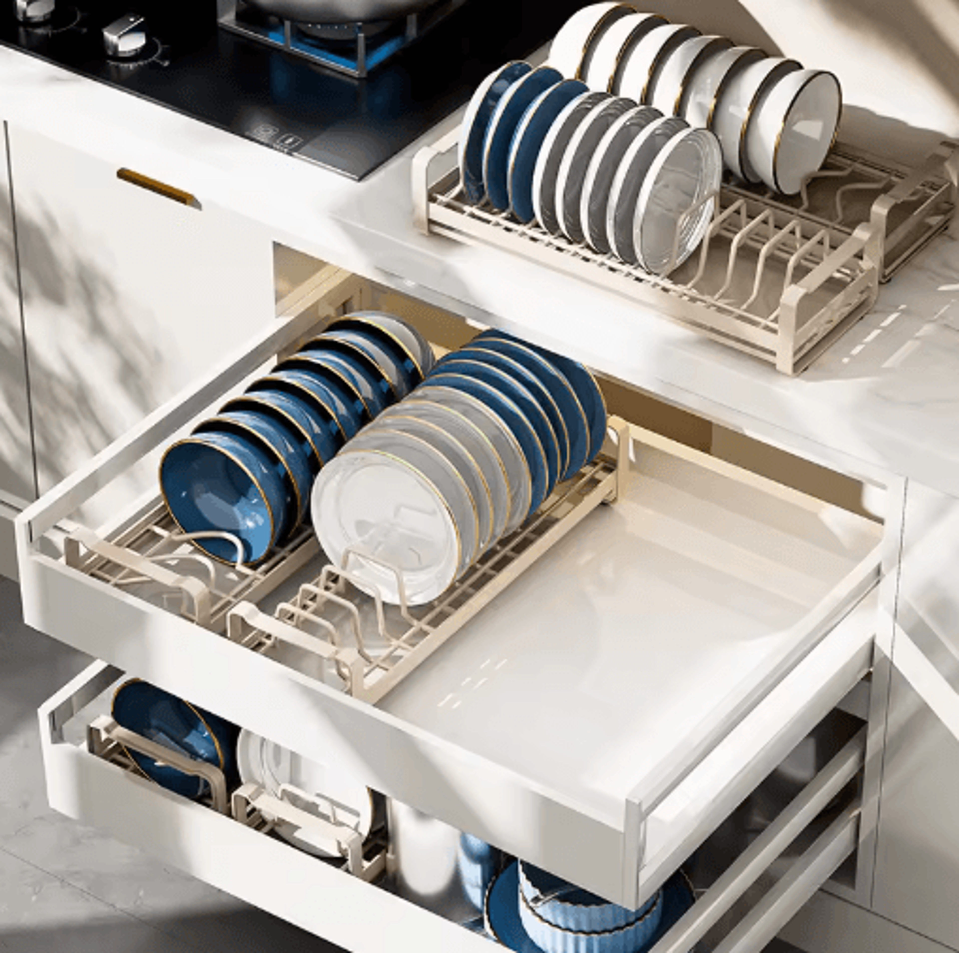 Pull Out Cabinet Dish Rack Stainless Steel Plate  Bowl Storage Drawer Organizer 21