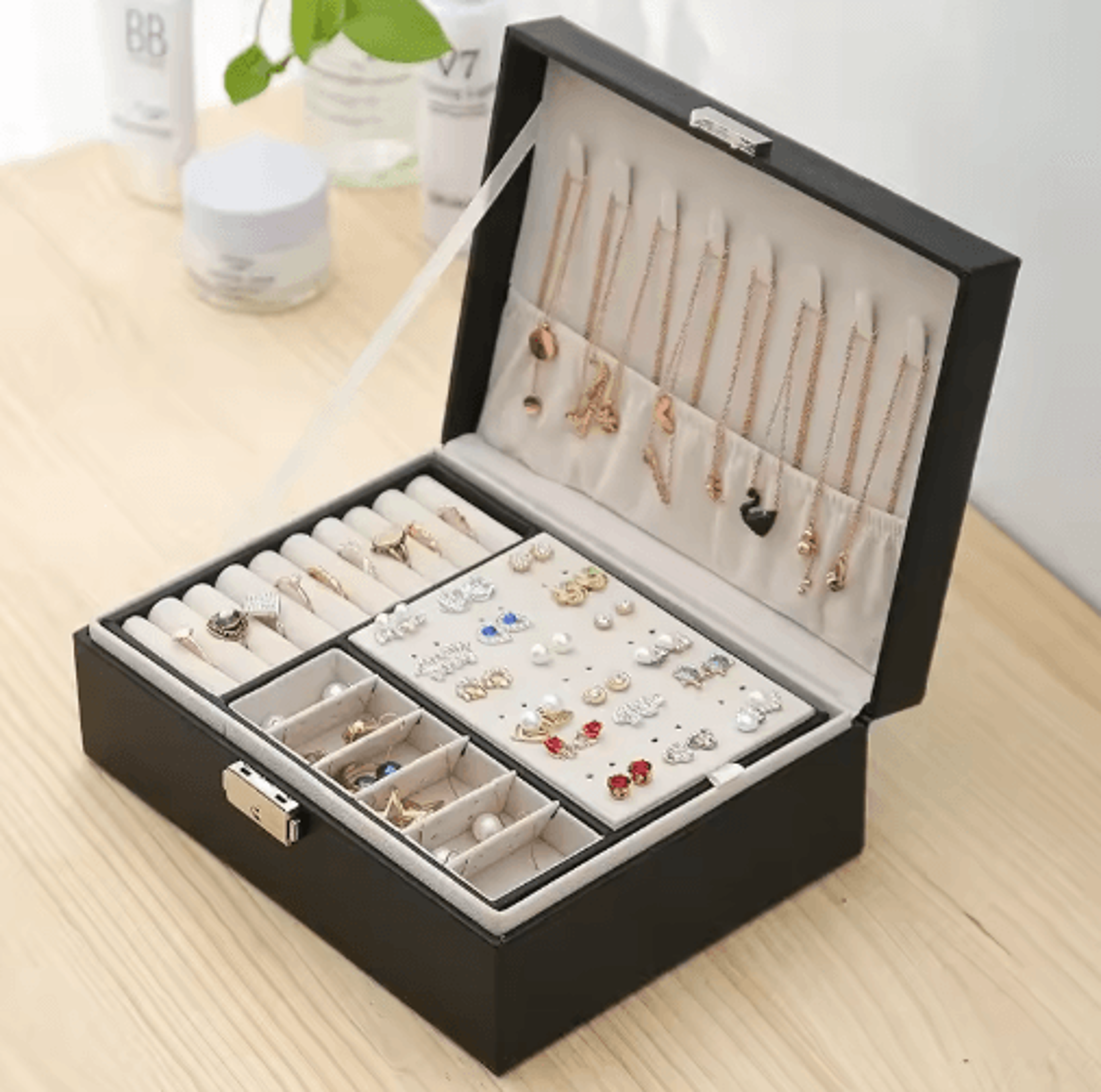 double layer pu leather jewelry box with lock and ring organizer