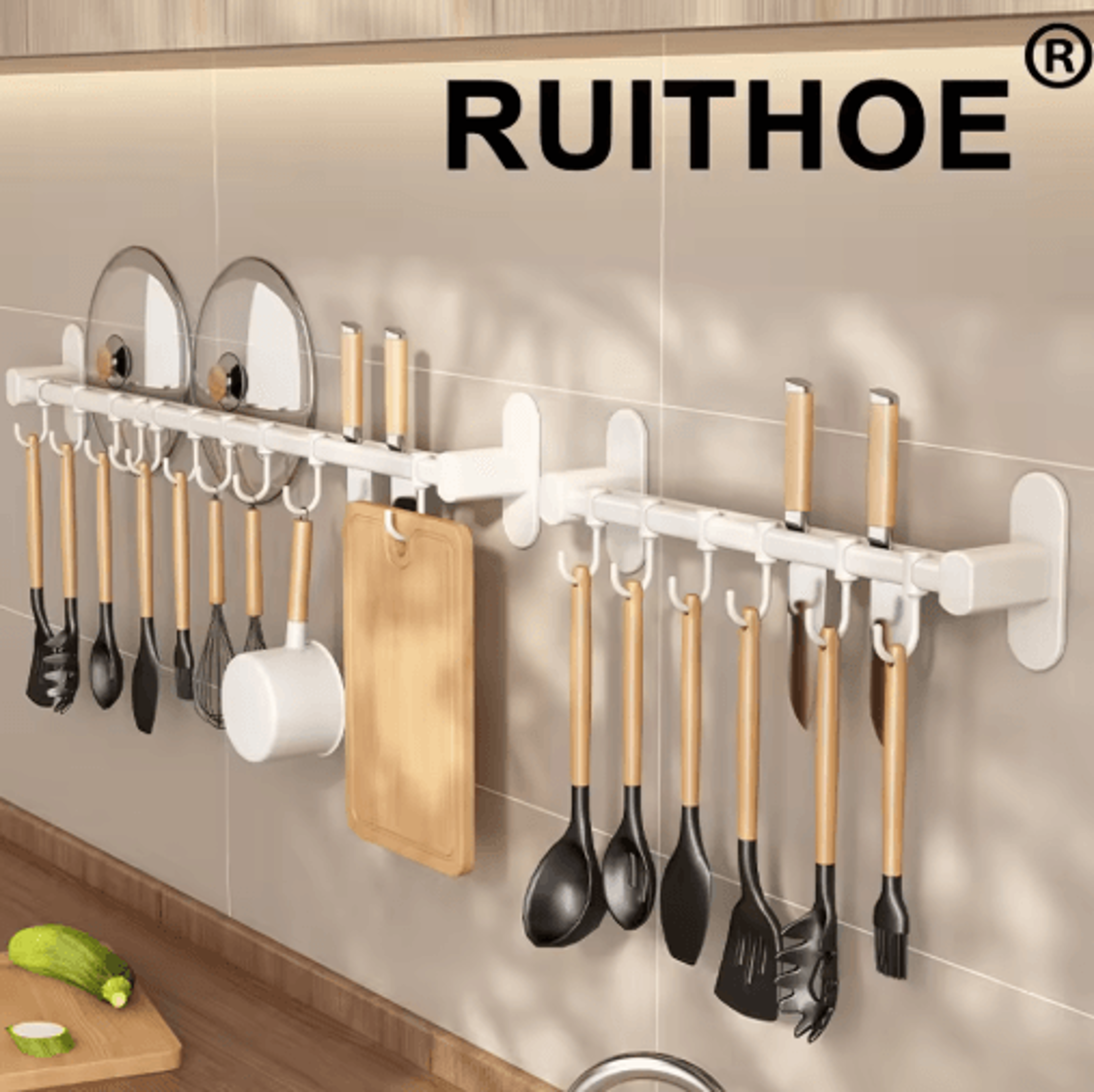 NoDrill Wall Mounted Kitchen Hook Rack With Storage Rail Organizer 0
