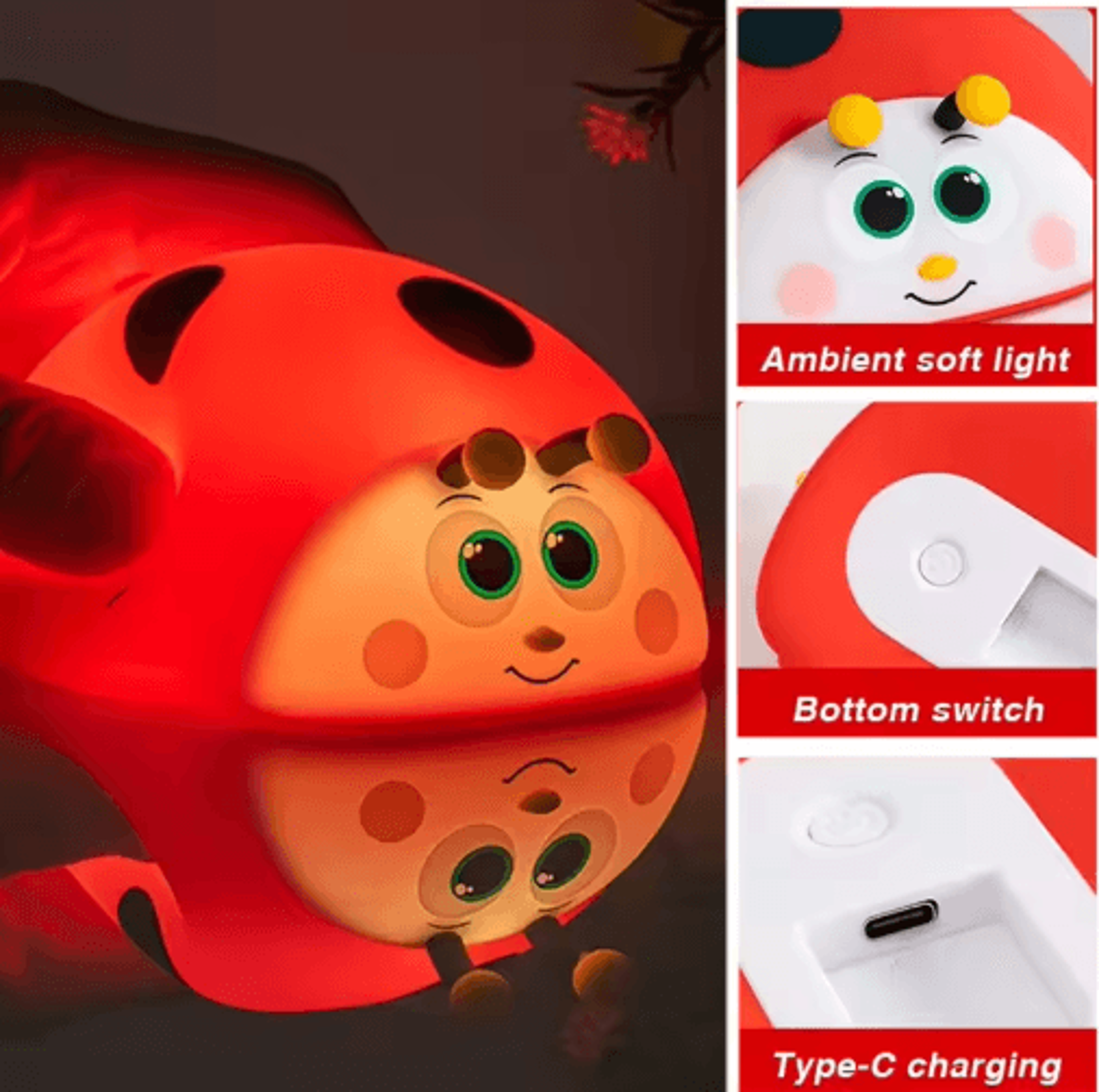 Cute Ladybug RGB LED Night Light Touch Sensor Silicone Kids Lamp 5