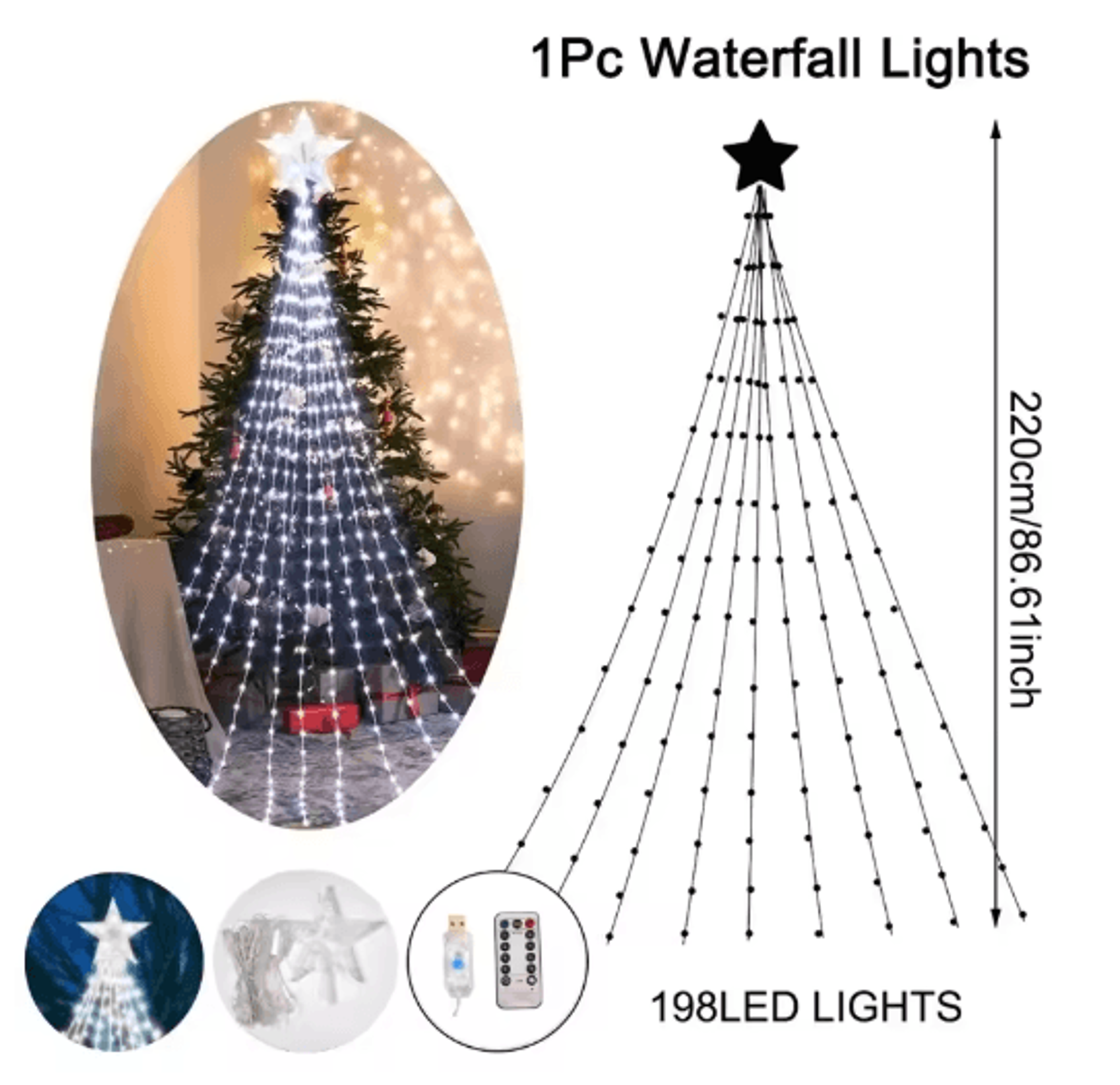 Pentagram Star Waterfall String Lights Waterproof LED Christmas Fairy Lights 5