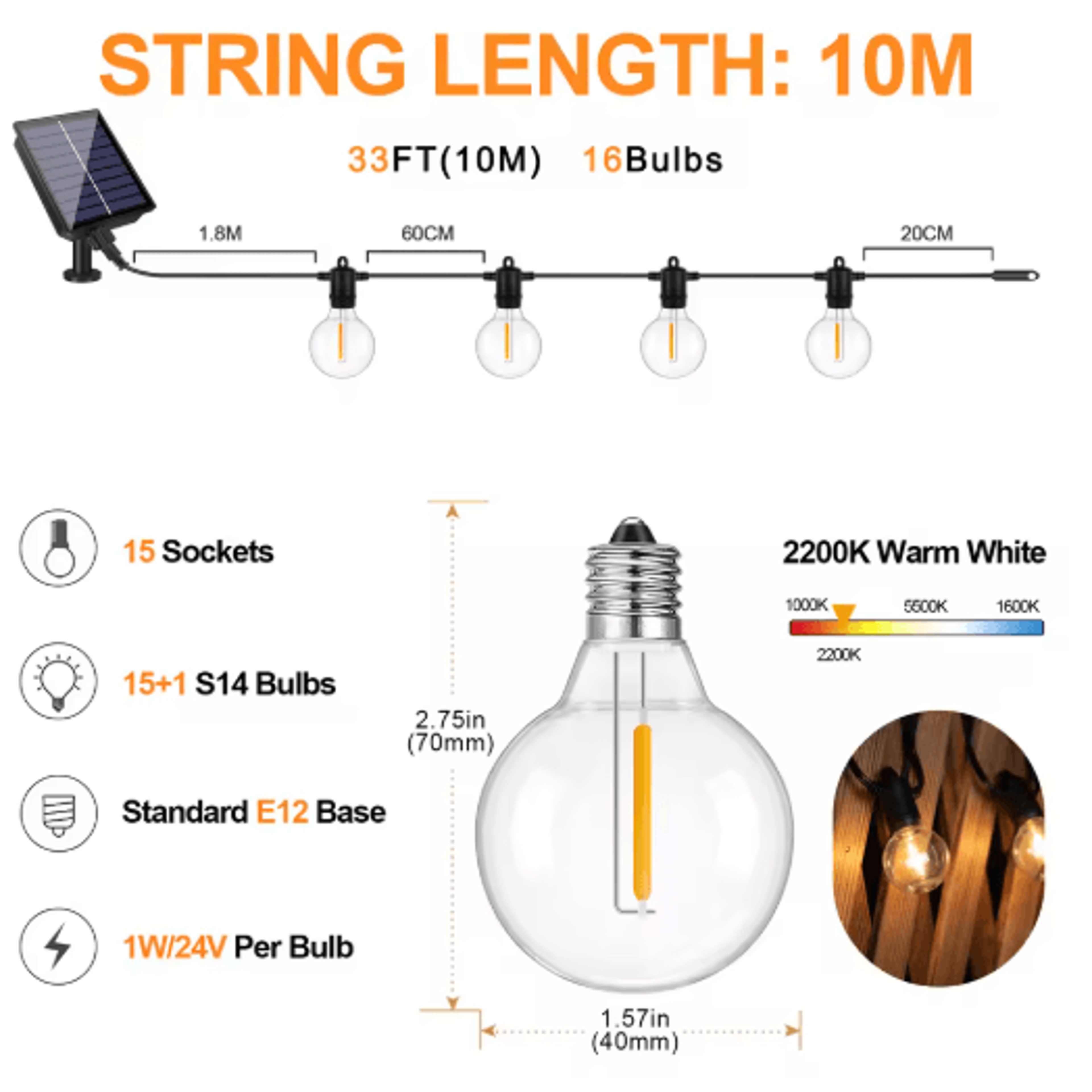 G40 Solar Globe String Lights With Remote  Dimmable Waterproof Patio Hanging Lights 1