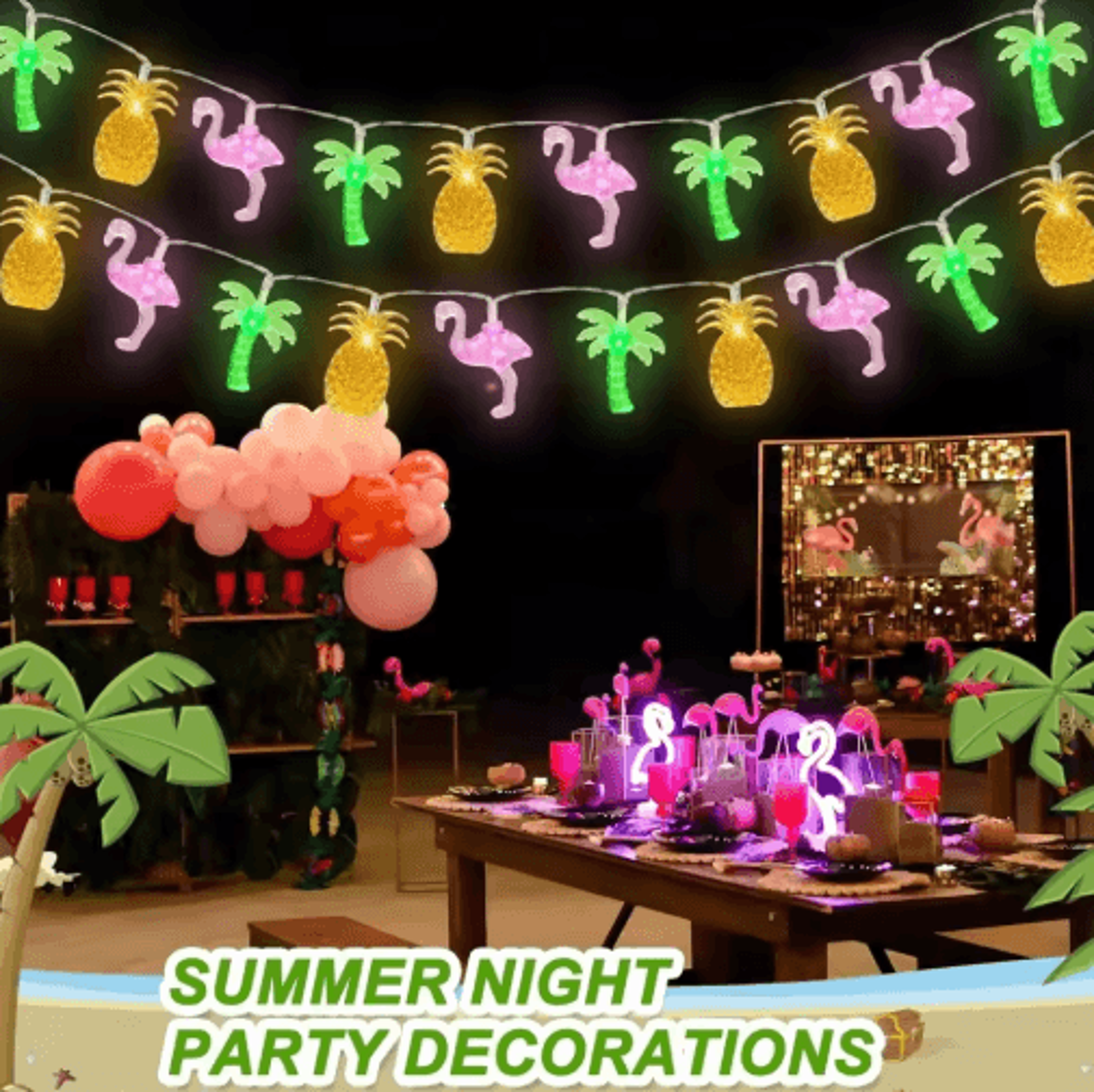 Tropical Flamingo  Pineapple String Lights  1020 LED Hawaiian Party Decor 0