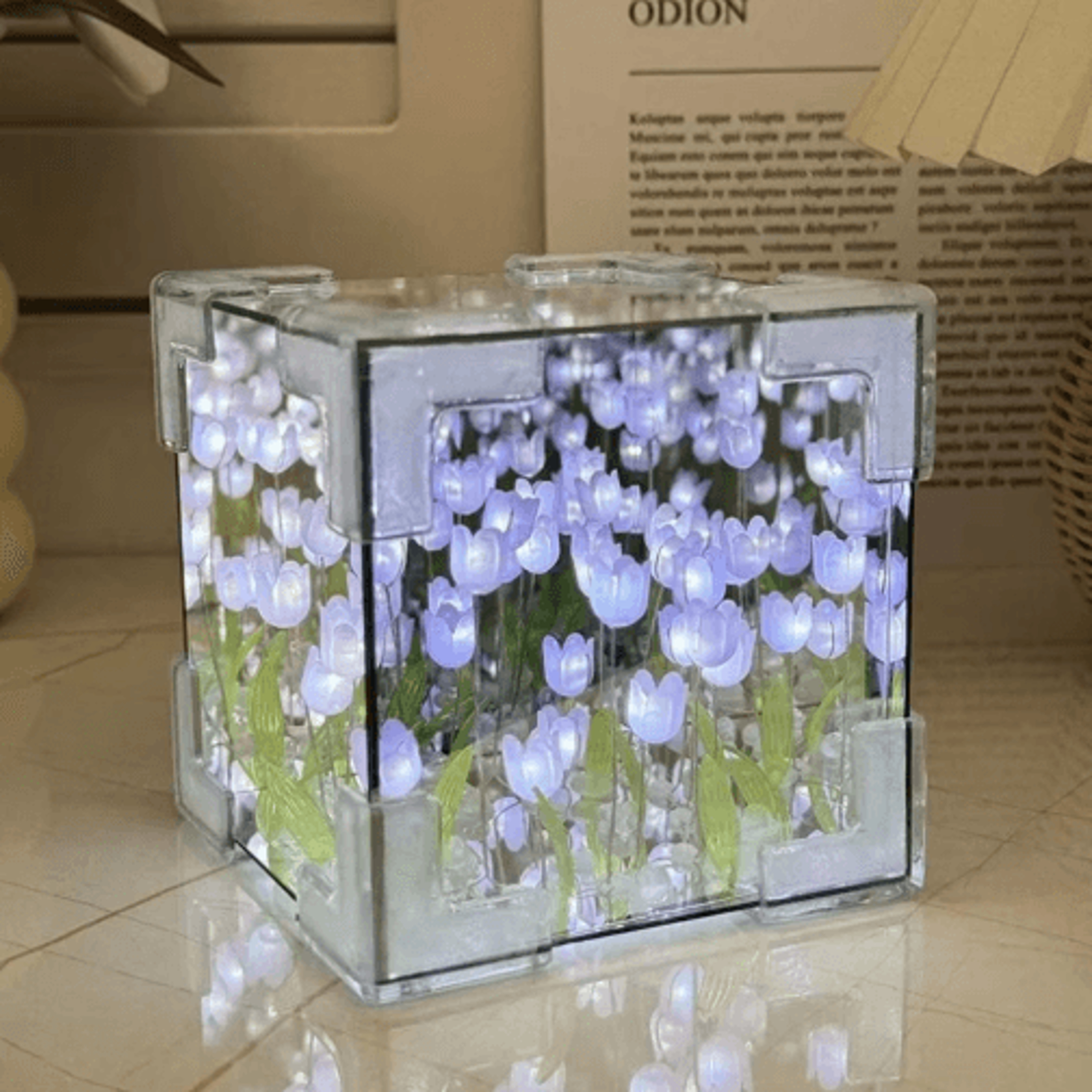 DIY Tulip Mirror Cube Night Lamp  3D Flower Bedside Light 9
