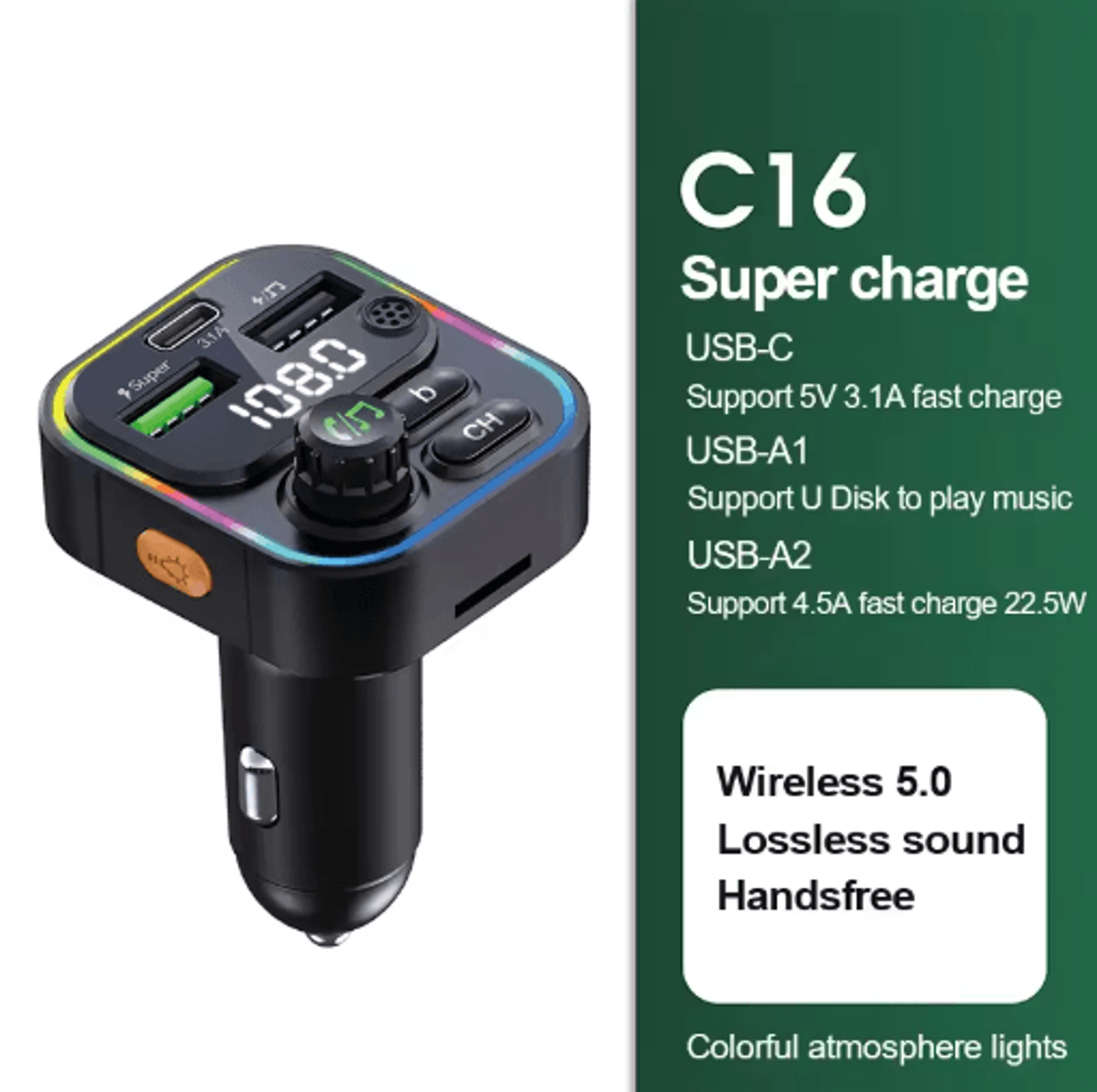 Bluetooth 50 FM Transmitter Car Charger With HandsFree Calling  Fast Charge 2
