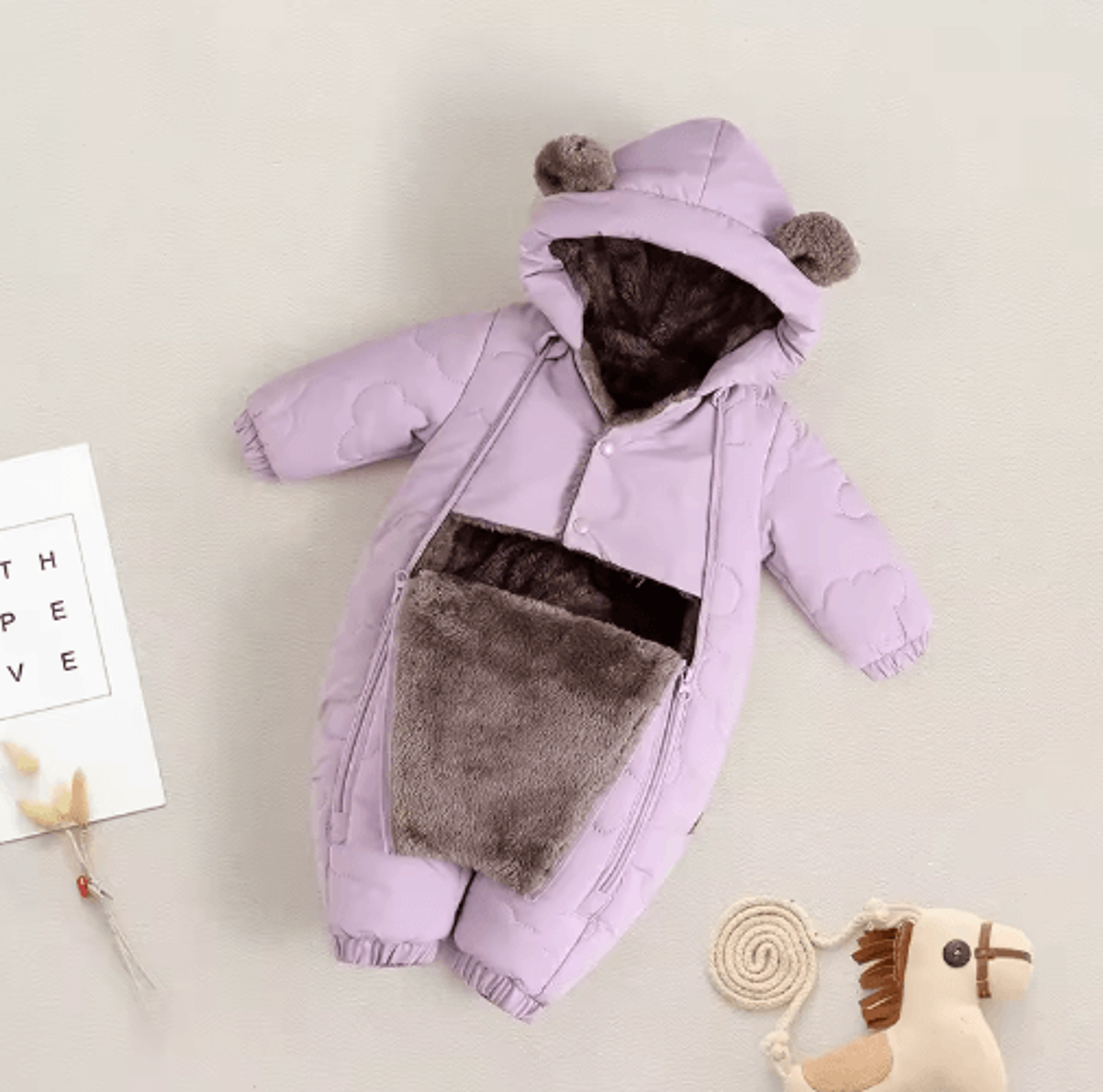 FleeceLined Baby Winter Romper With Hood  Bear Ears 2