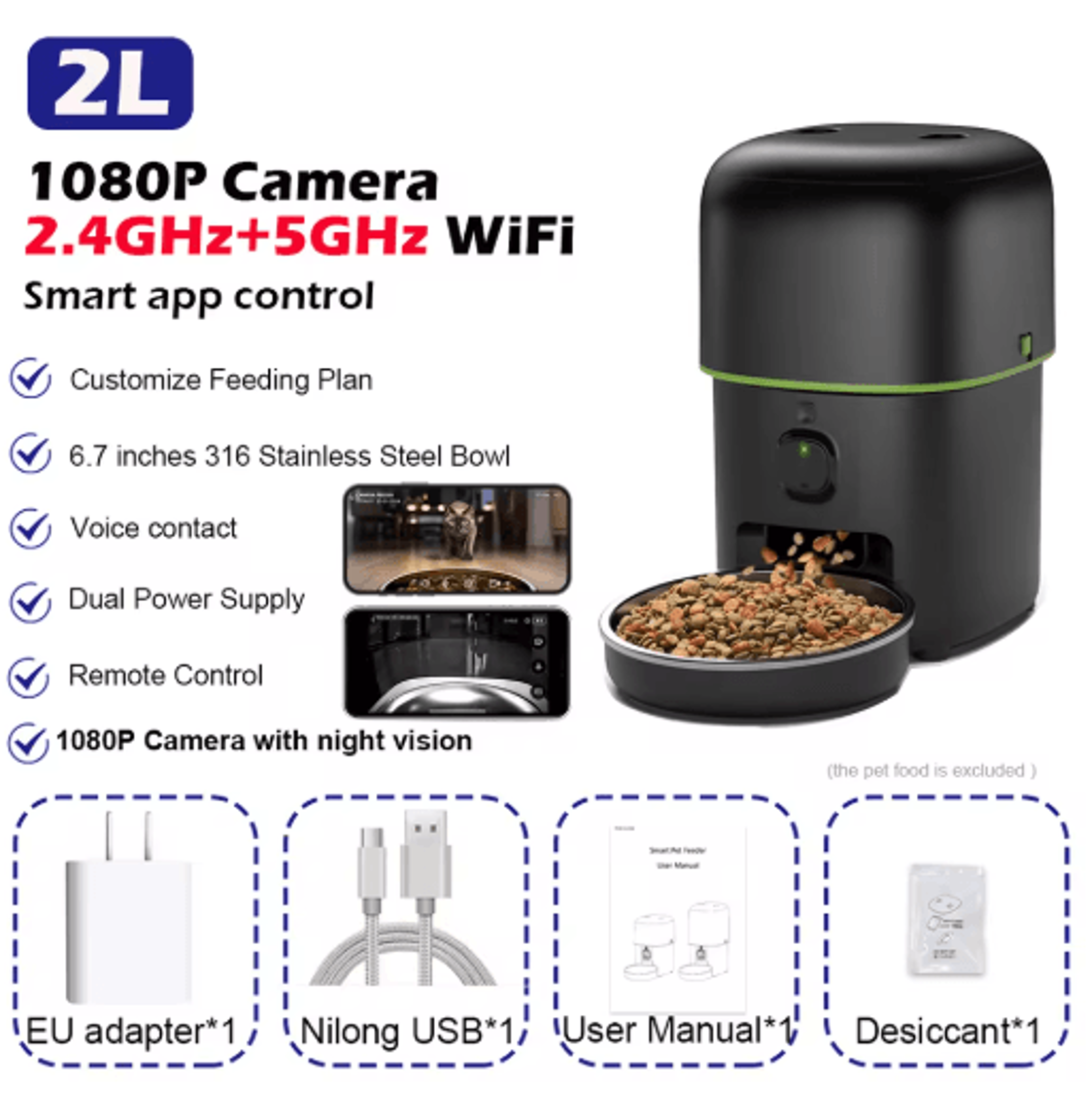 Automatic Cat Feeder Camera Pet Smart Cat Food Kibble Dispenser 24G5GWiFi Tuya APP Control Auto Fee 2